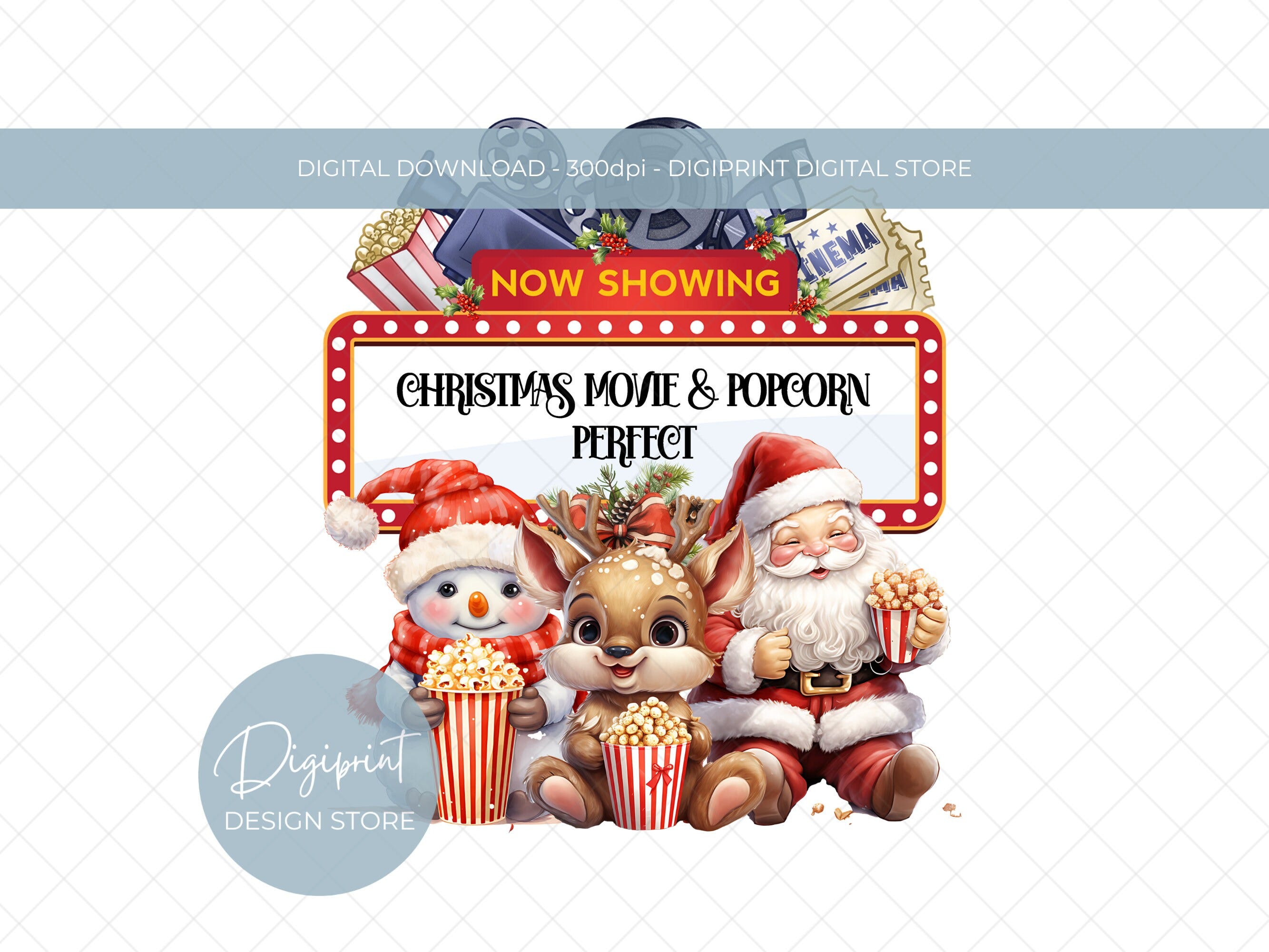 Christmas Movie, Movie & popcorn, Santa sublimation design, Instant Digital Download, Christmas Clipart, Holiday Clipart, sublimate, 2 files