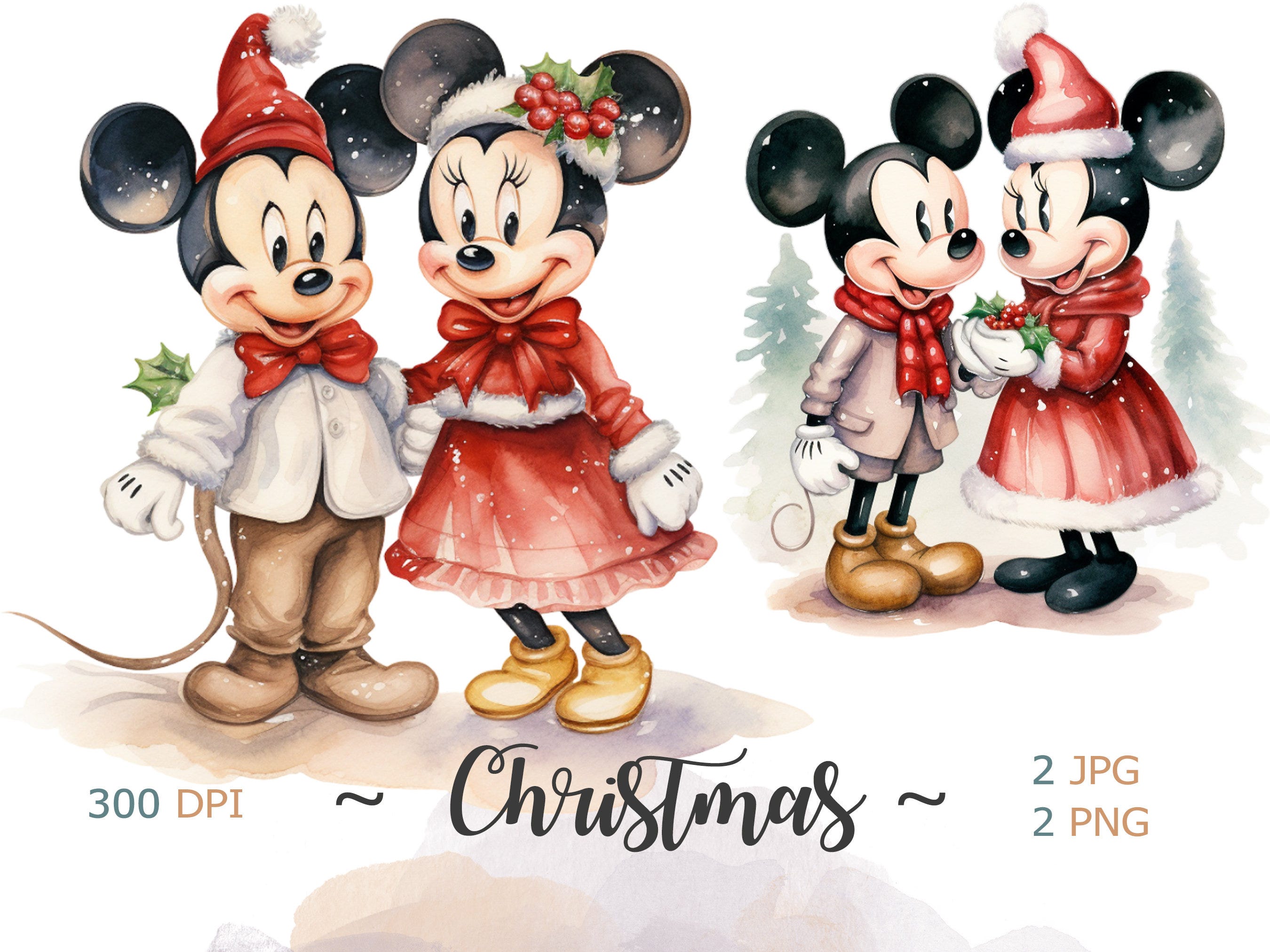 Christmas Mickey and Mini Mouse clipart, Watercolor clipart, Instant download