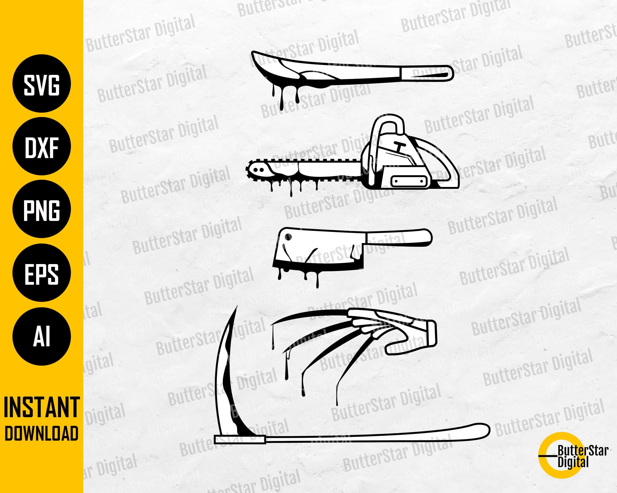 Horror Movie Weapons SVG | Movies SVG | Halloween T-Shirt Decal Graphics Decor | Cutting File Cuttable Clipart Vector Digital Dxf Png Eps Ai