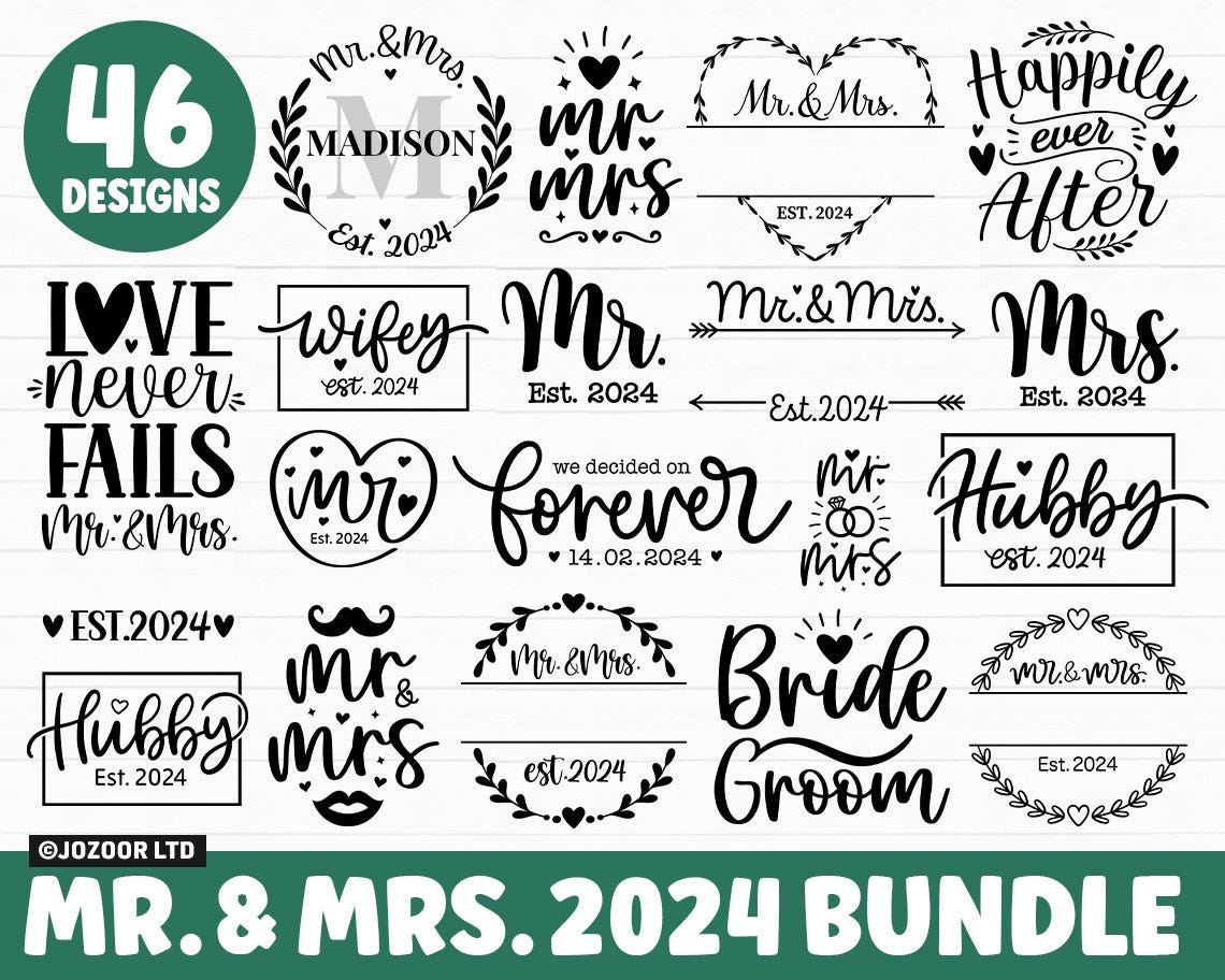 Mr and Mrs 2024 SVG Bundle, Mr and Mrs Split Monogram SVG, Hubby Wifey 2024 SVG, Marriage svg, wedding svg Bundle,Bride Groom svg png Cricut