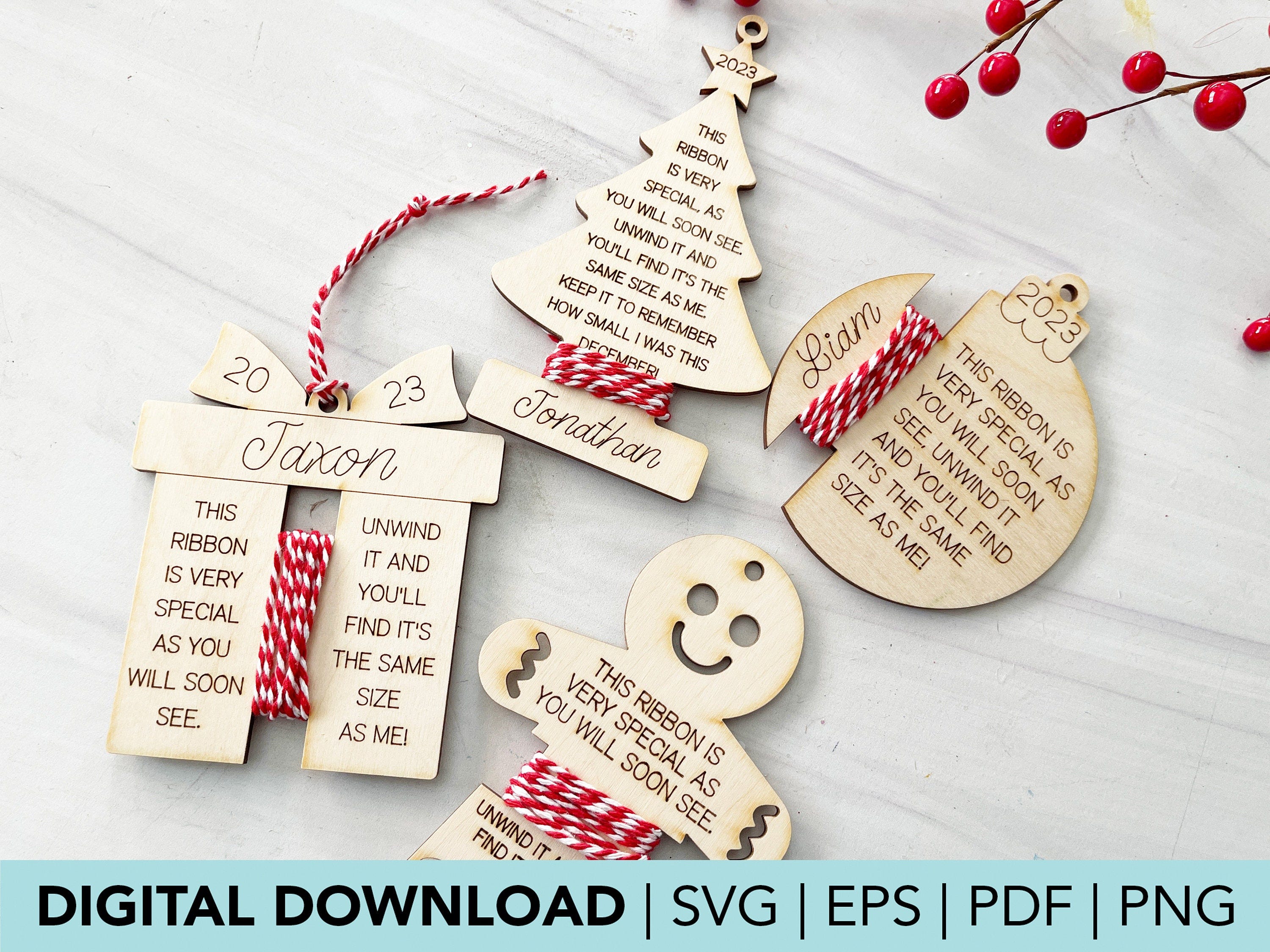 Ribbon Height Growth Measurement Ornament Gingerbread Present Tree Digital Download | SVG | EPS | PDF | PnG | Glowforge | Aeon | Mira