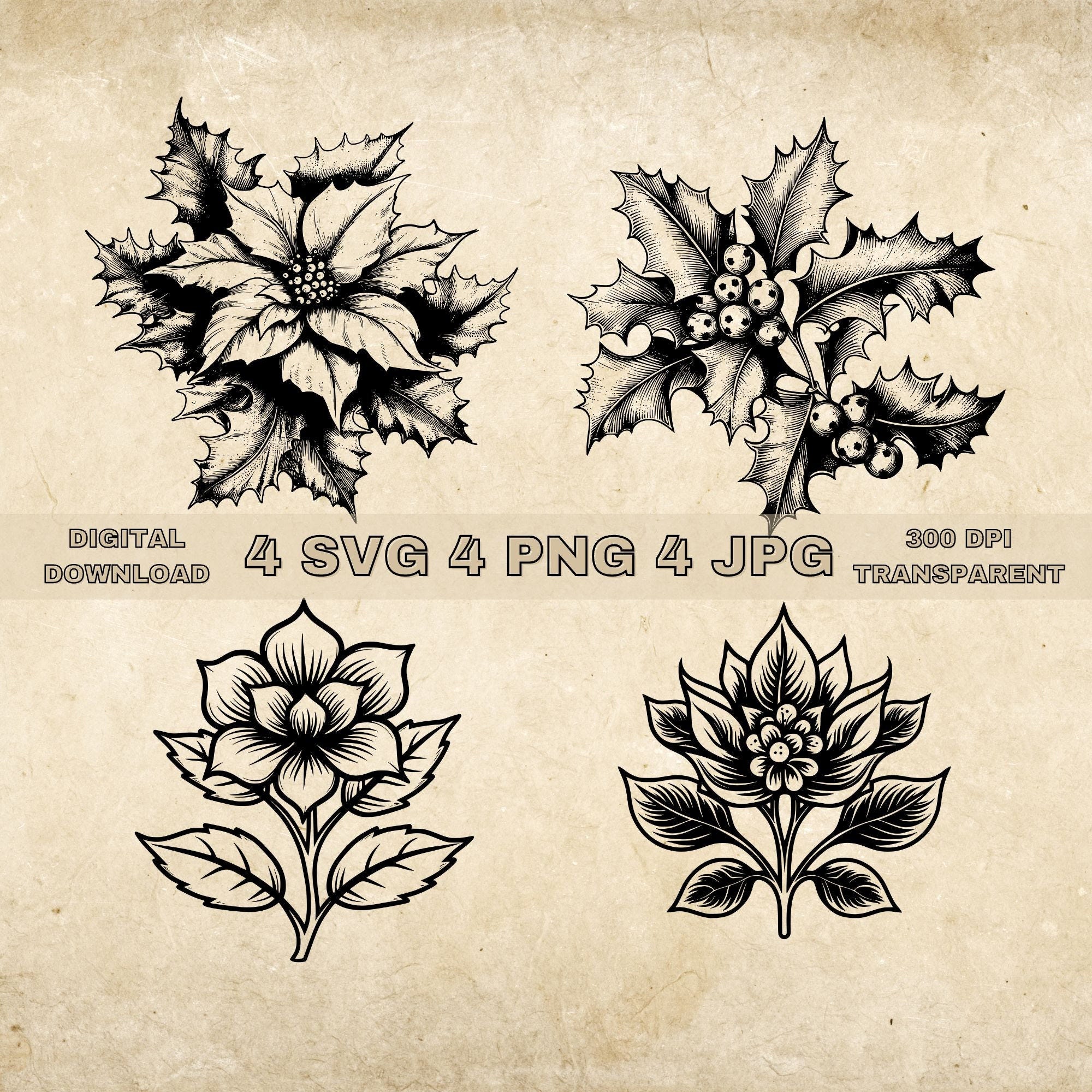 Holly SVG Bundle, PNG, Floral Clipart, Hand Drawn Flowers Graphic Illustration, SVG Files For Laser Engraving