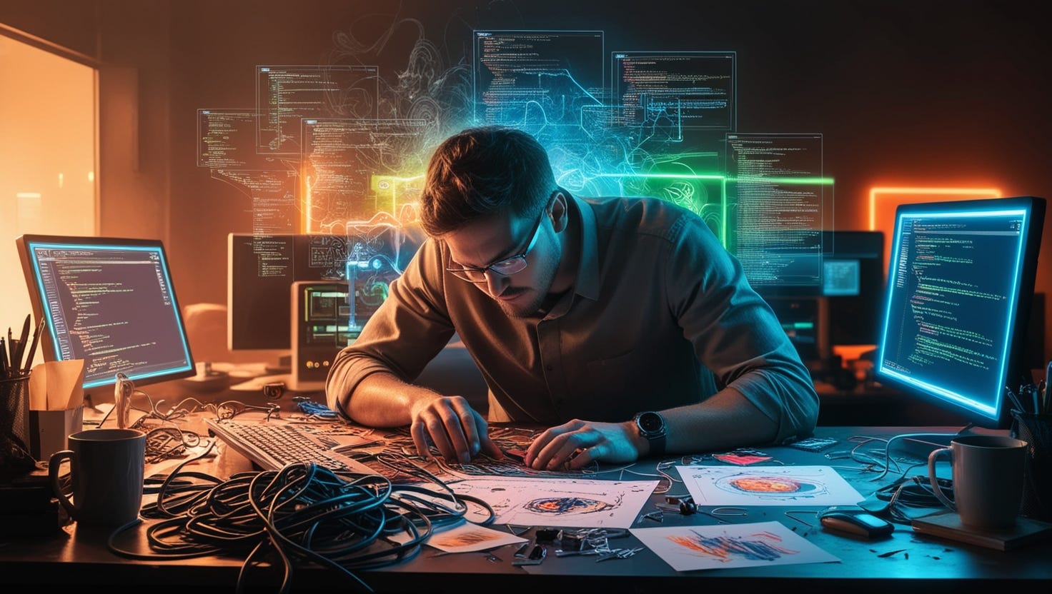 A programmer deeply focused on integrating various components of a project, surrounded by a mix of digital code and creative sketches.
