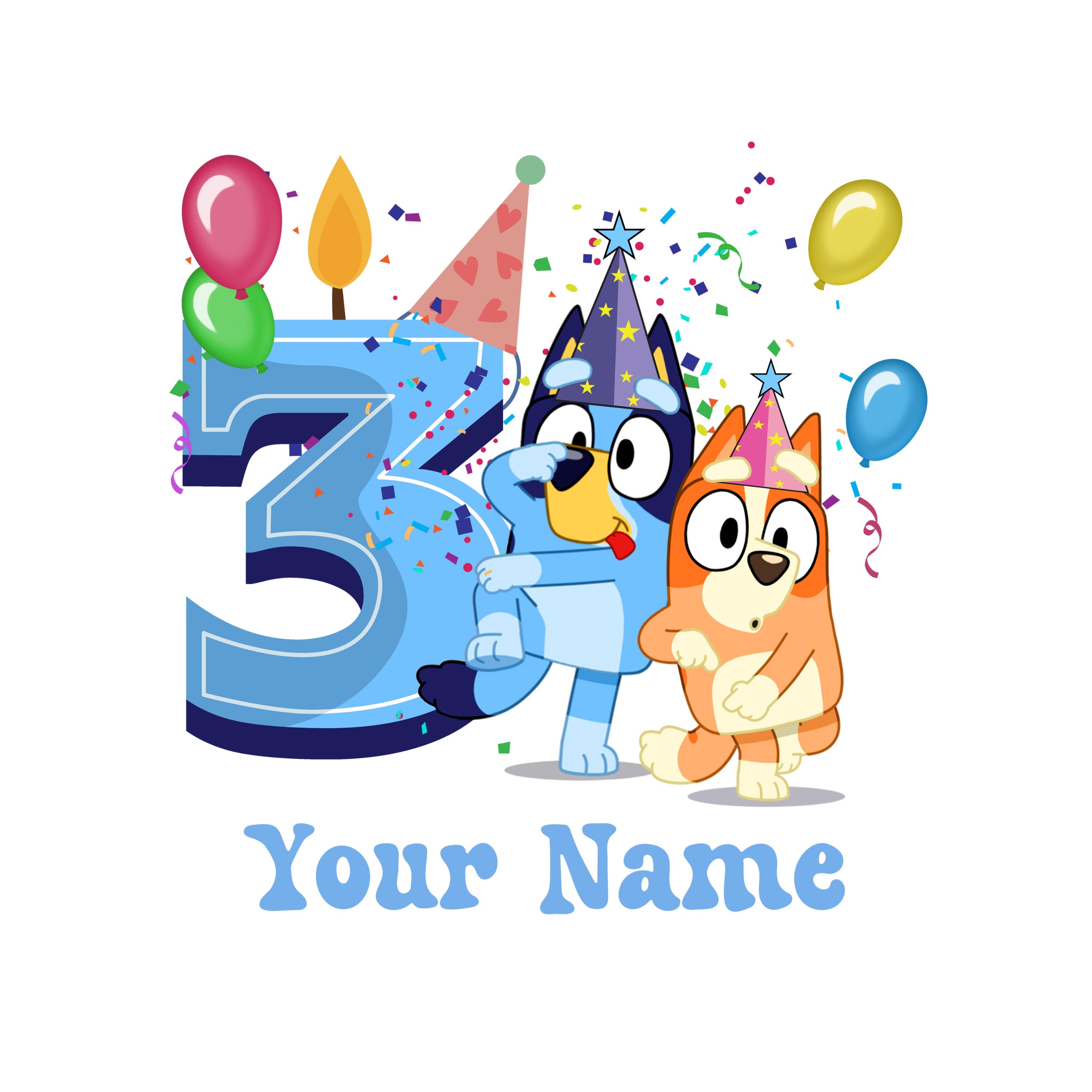 Blue Dog Birthday PNG Digital Download File Boy Age 3 Custom Name Colour Customise Sublimation Party Celebration Re-Size 300dpi Quality