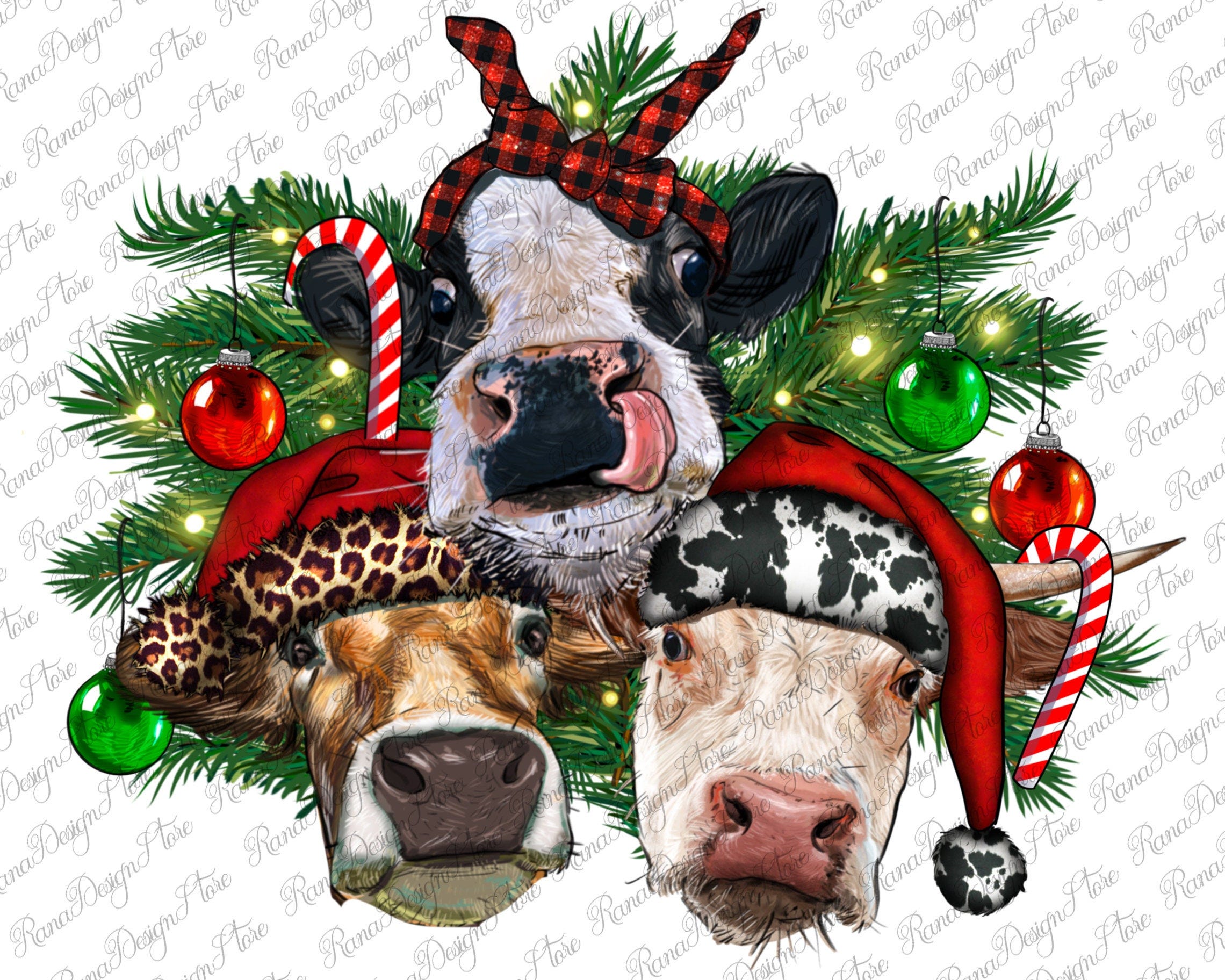 Christmas Cows With Tree Png Sublimation Design, Christmas Cows Png, Western Cows Png, Christmas Longhorn Png, Barnyard Animals Png Download