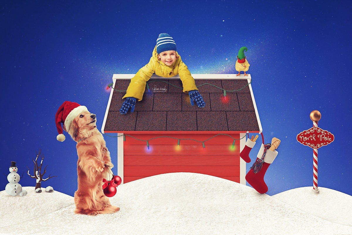 Dog House Christmas Digital Background - Snooopy Christmas Dog House Backdrop - Peanuts - Charlie Brown Christmas Backdrop -Pet Backdrop