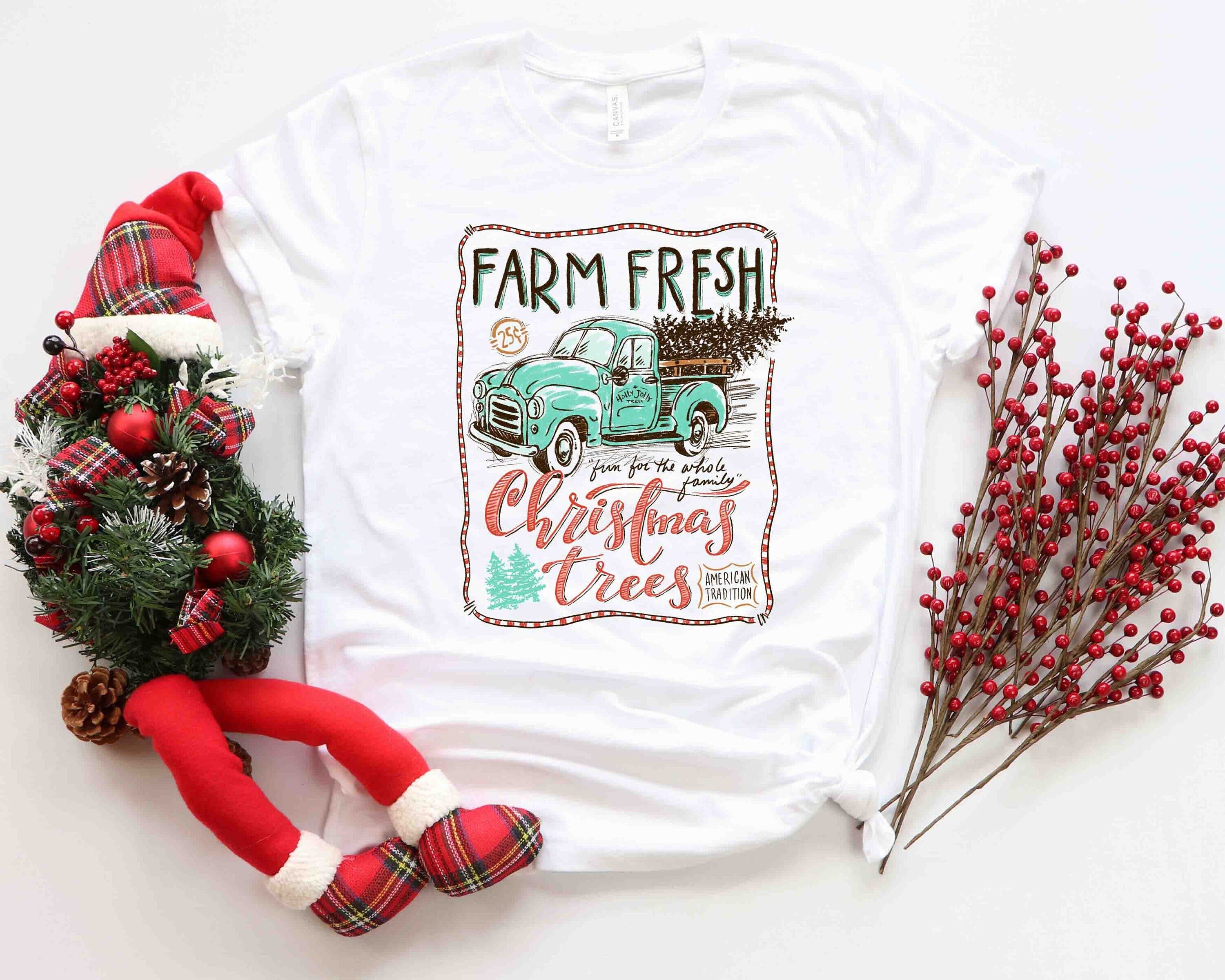 Farm Fresh Christmas Trees Truck Shirt, Christmas T-shirt, Christmas Family, Red Truck Shirt, Christmas Gift, Christmas Truck Family Shirts