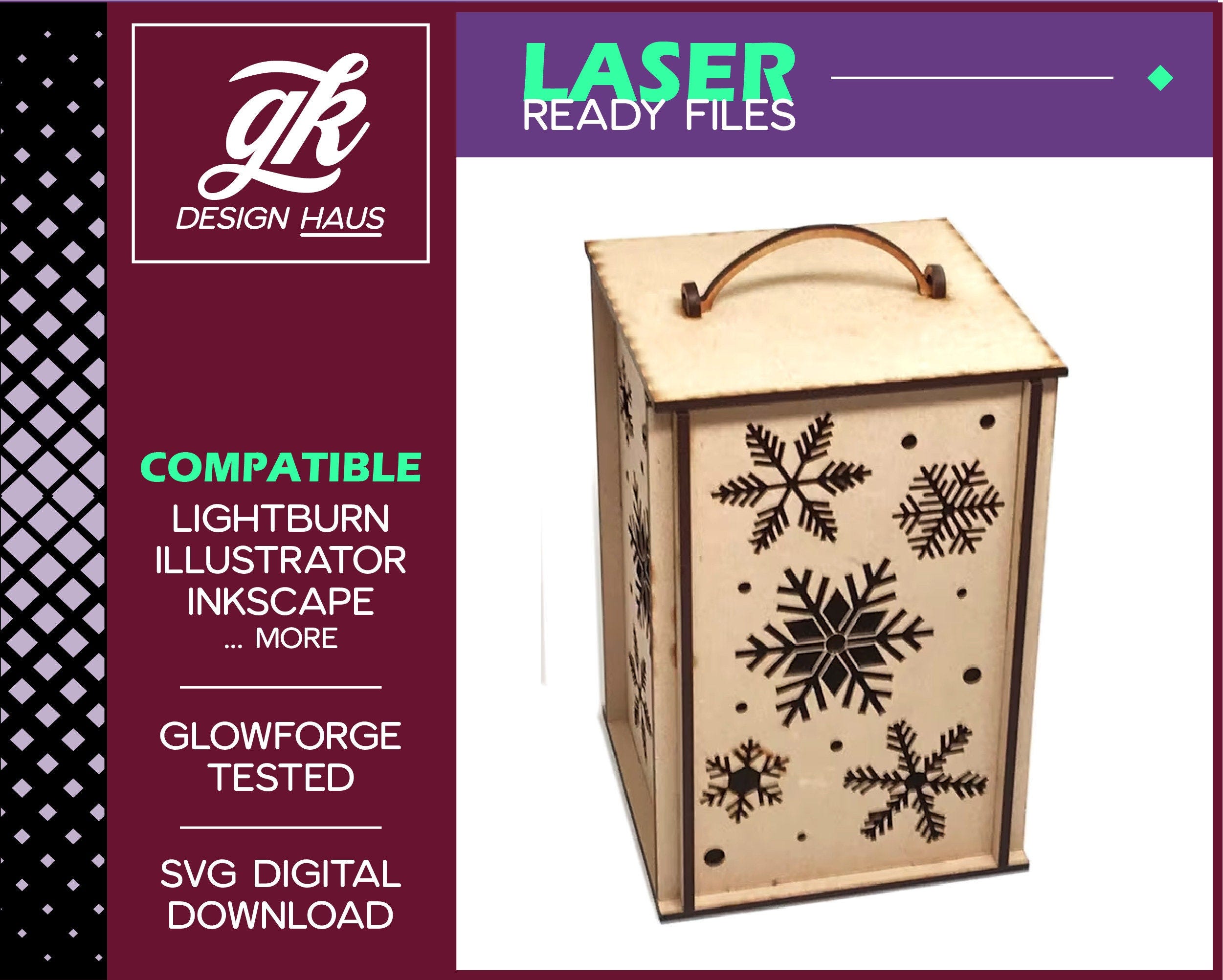 Box Lantern with Snowflakes and optional handle for 1/8" (.12") Material - Digital Download SVG - Glowforge Mira Thunder Omtech K40 FSL