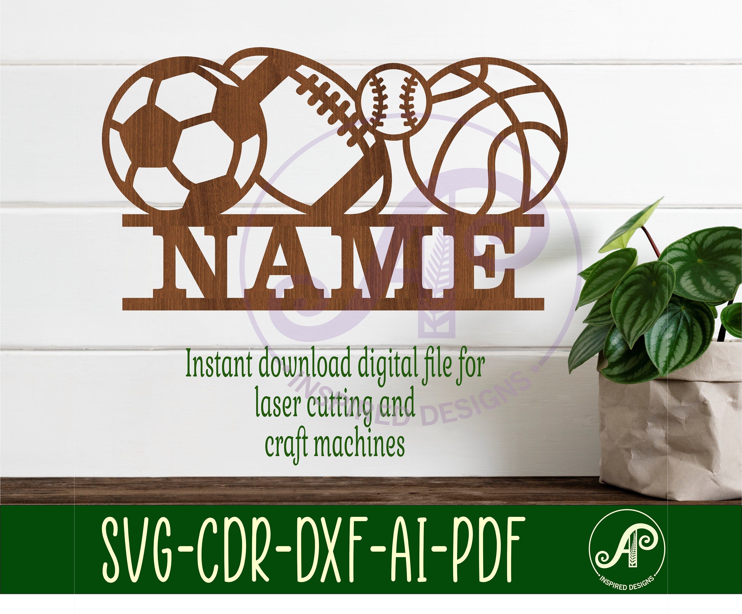 Sports balls name sign SVG laser cut template, door or wall hanger, vector file ai, cdr, dxf pdf instant download