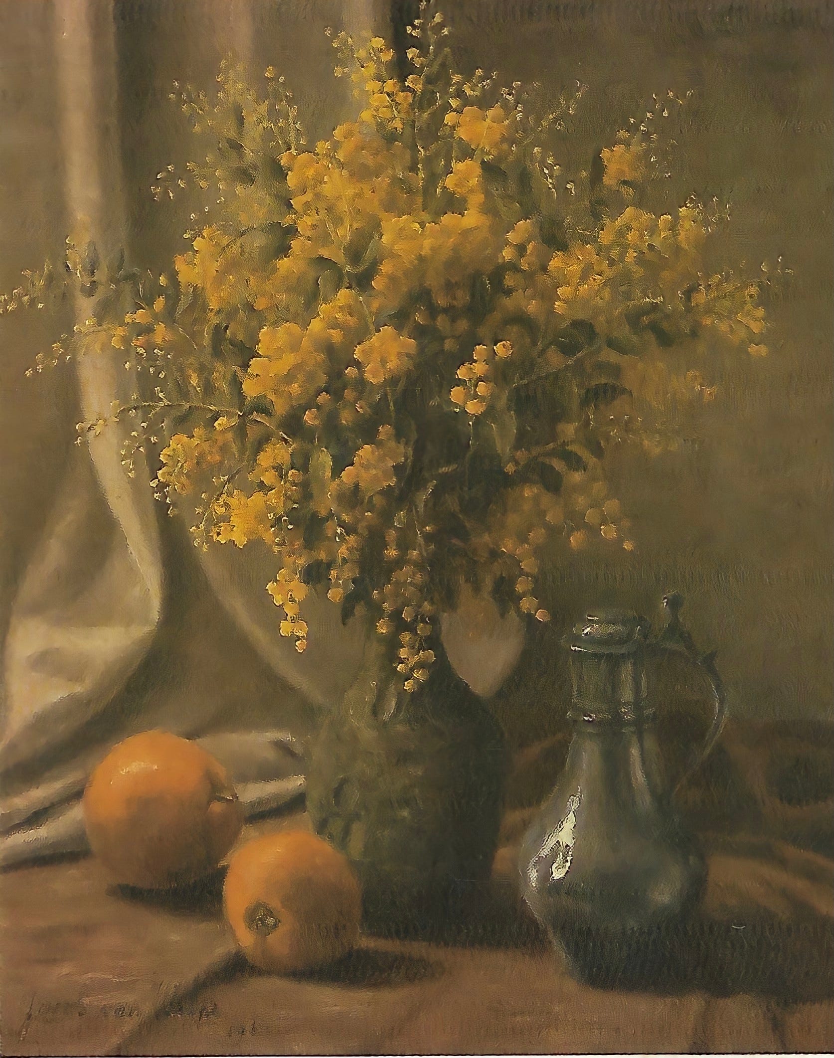 Flores lábeis, de durabilidade mínima quando retiradas do pé, as acácias foram trocadas constantemente ao longo dos dias que Ko levou para pintá-las. Acácia Mimosa, óleo sobre tela de Jacobus van Wilpe, 1961. Menção Honrosa no Salão Paranaense. Acervo de Karin Helena van Wilpe.