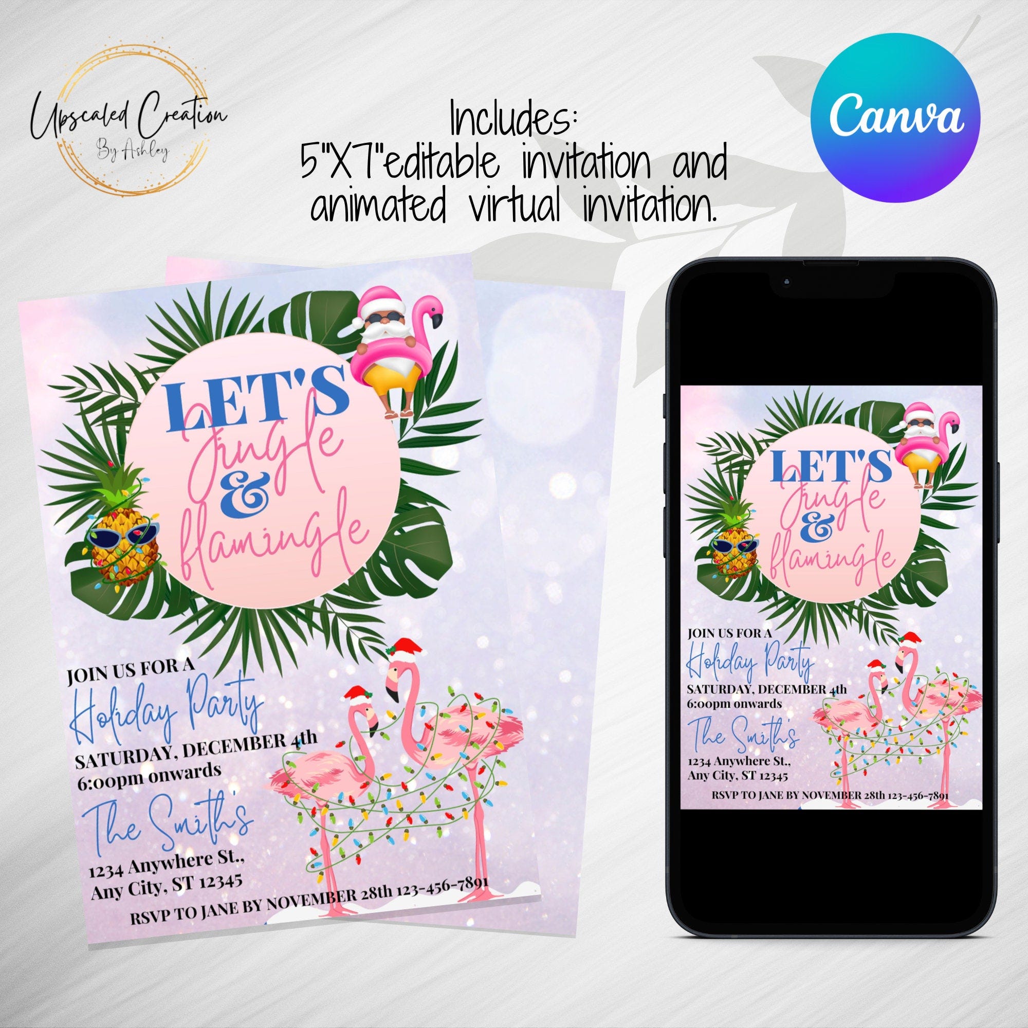 Jingle and Flamingle Invite, Digital download, Editable template, Virtual Invite, Animated, Christmas Party, Holiday Party, Flamingo x-mas