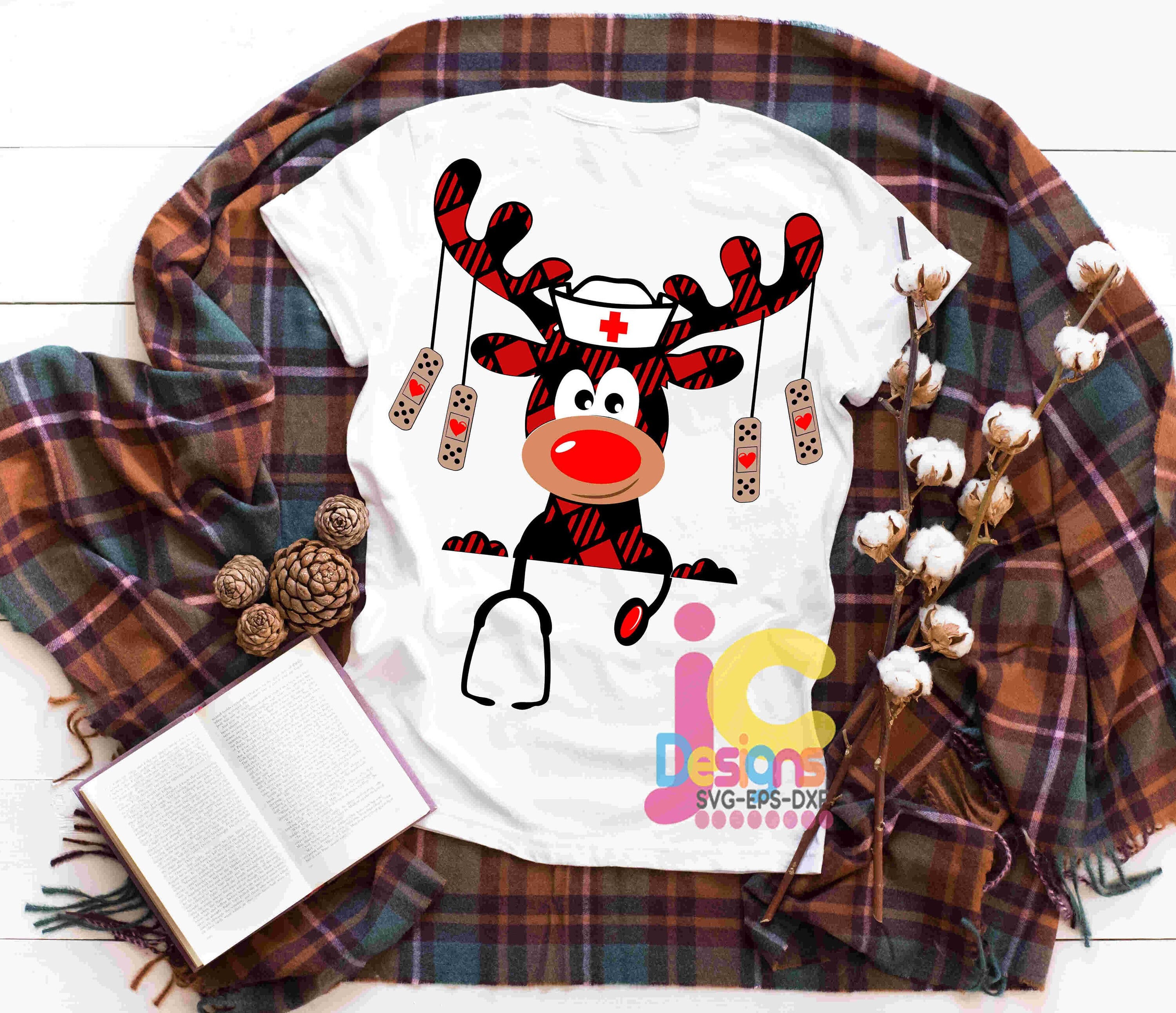 Buffalo Plaid Moose SVG, Christmas reindeer nurse svg Christmas Svg, RN Clipart, Svg, Eps Cut File, Png Print Sublimation Design