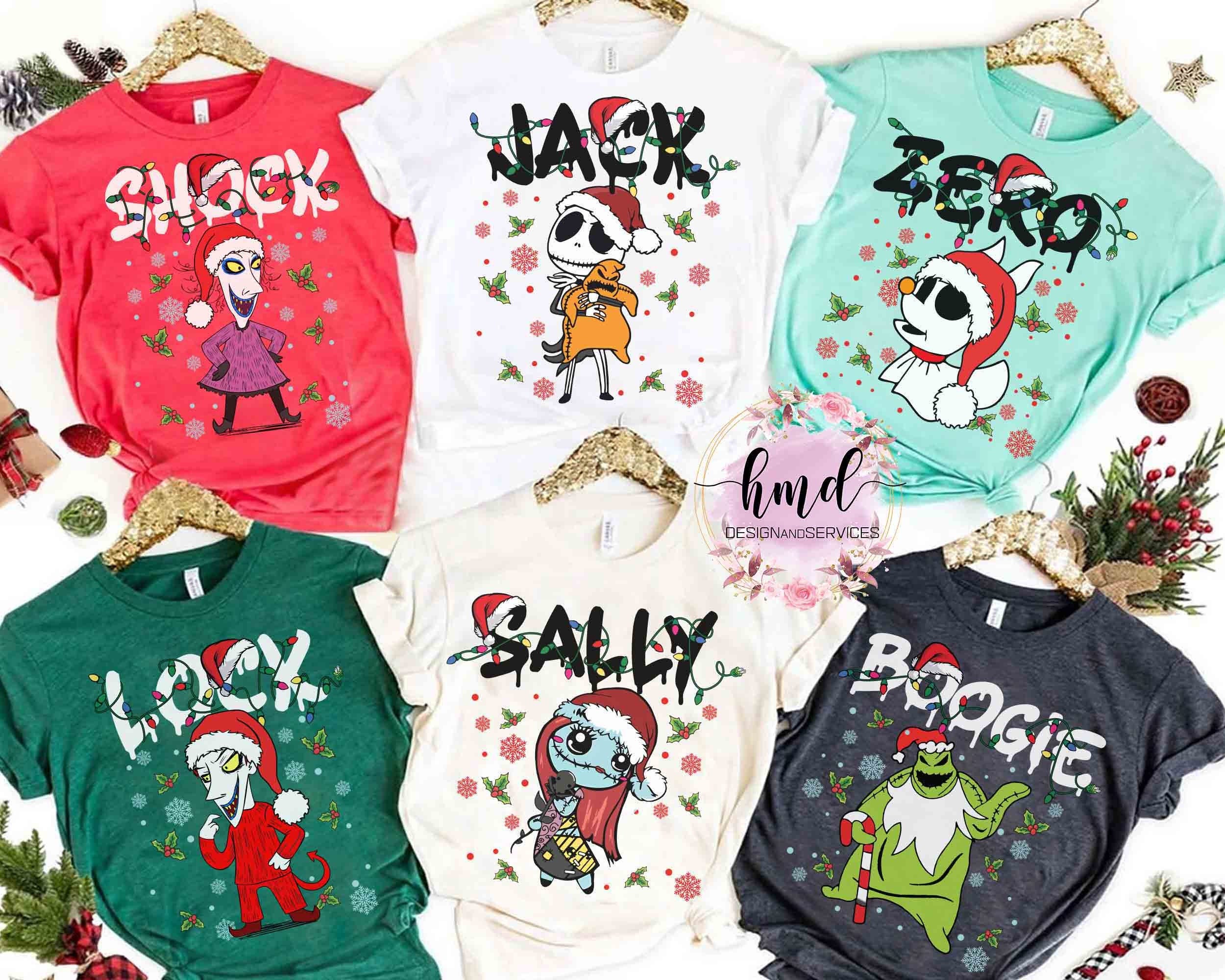 Disney Nightmare Before Christmas Character Group Matching T-Shirt, Jack Sally Oogie Boogie Xmas Light Tee, Mickey