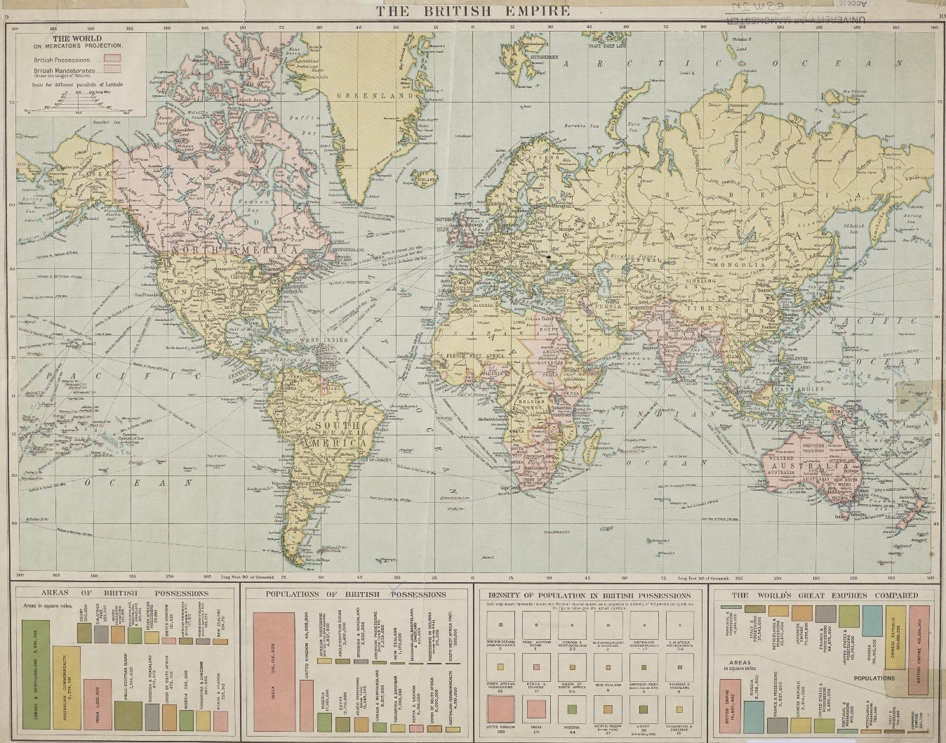 Map of the world on the Marcator projection. Britain is at the centre. The maps shows British possessions in pink. Includes four diagrams at the bottom of the map which show areas of British possessions, populations of British possessions, density of population in British possessions and the world’s greatest empires compared.