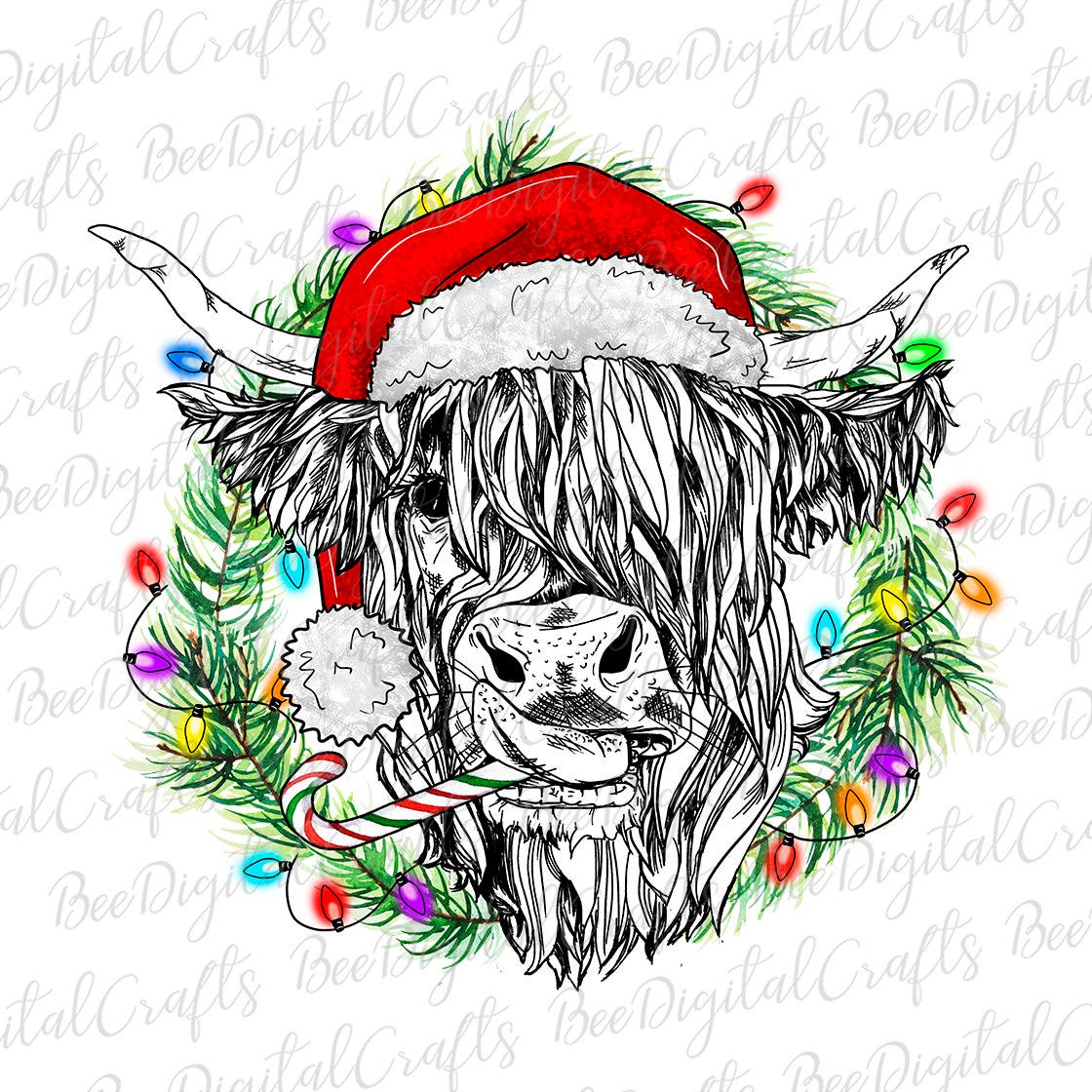 Christmas highland cow PNG download Cow with hat and candy cane sublimation design Watercolor animal printable transfer