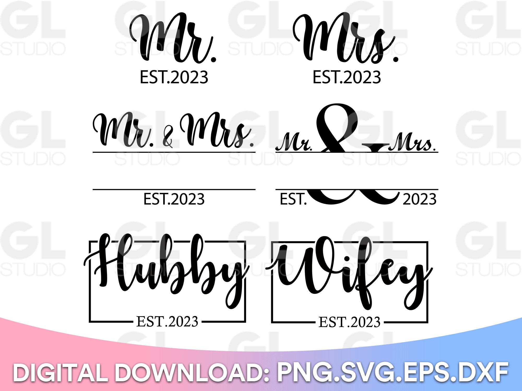 Mr and Mrs 2023 svg, Mr and Mrs split monogram svg, Hubby and Wifey est 2023 svg, marriage svg, wedding 2023 svg, wedding hand lettered, png