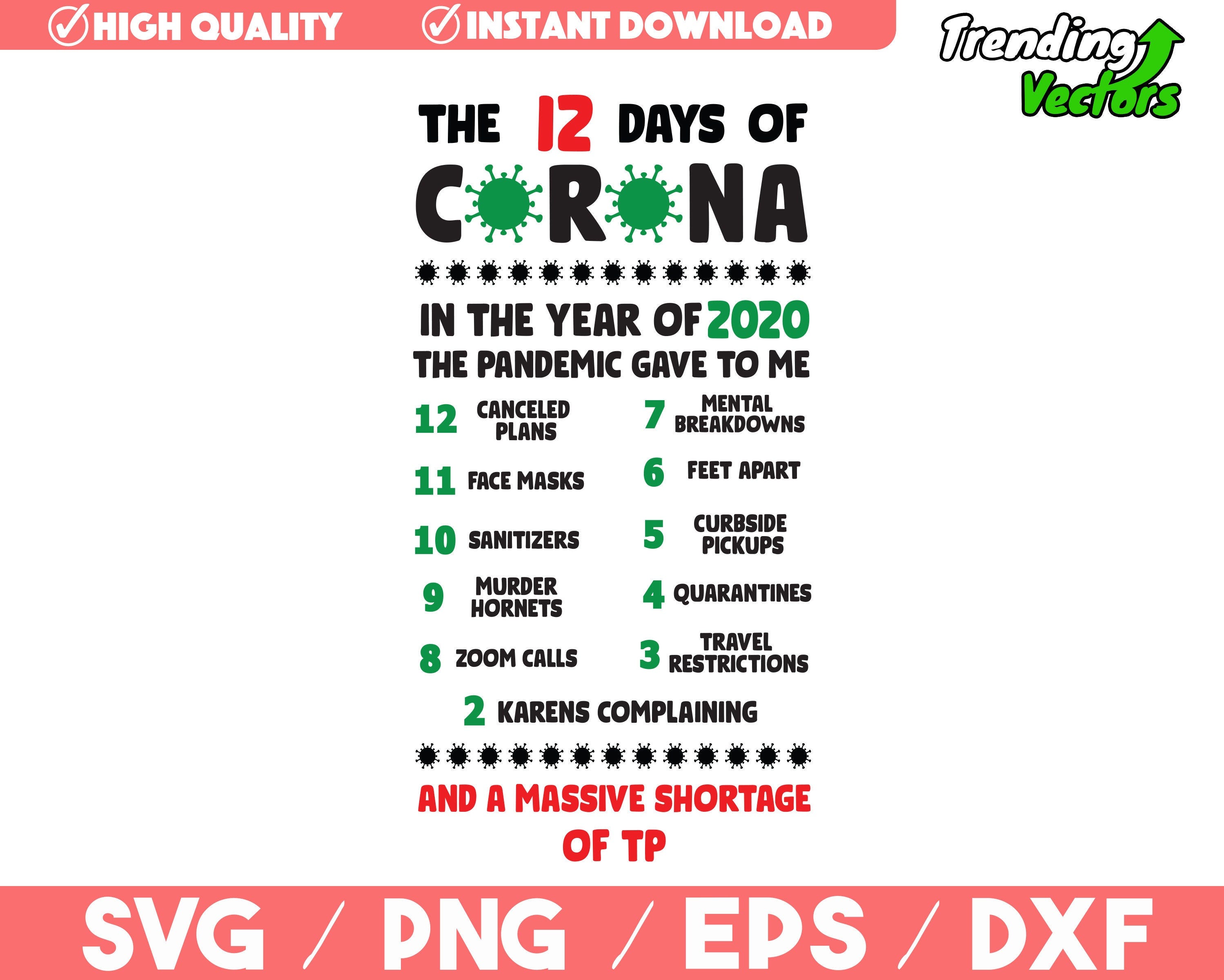 12 days of Corona SVG - Covid Christmas 2020 SVG - 12 days Of Christmas SVG - Cut file for Cricut, Silhoutte, png svg eps dxf
