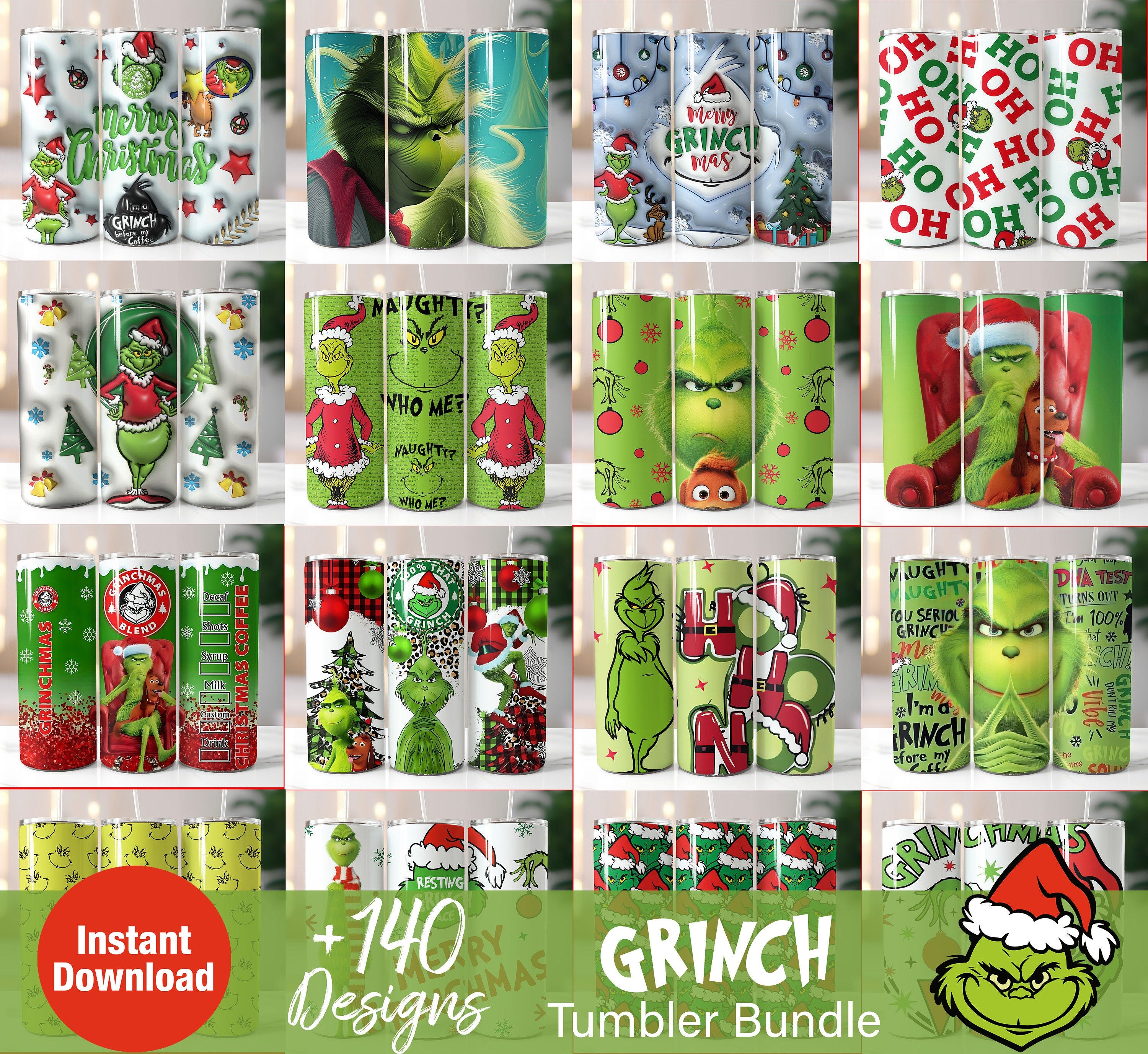 140+ Grinch Tumbler Wrap Bundle, 20 oz Skinny Tumbler Wrap, 20oz Tumbler Png Sublimation Design, Digital Instant Download Designs Template