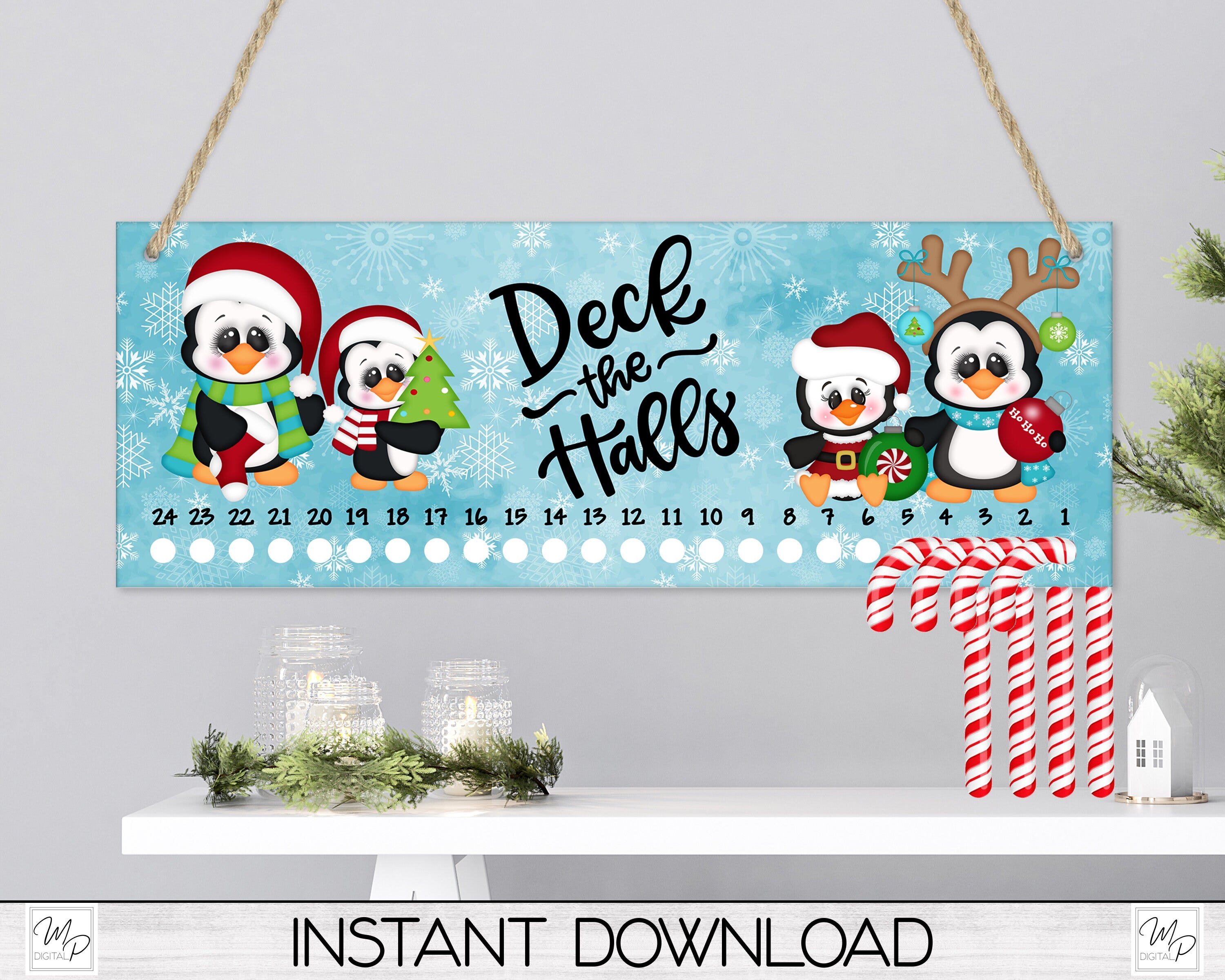 Christmas Penguins Candy Cane Countdown Sign PNG Sublimation Digital Download, Candy Cane Advent Calendar Holder