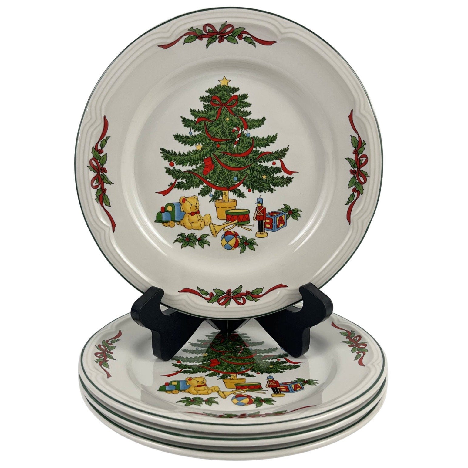 Vitromaster Christmas Tree Salad Dessert Plates Set of 4 Vintage 7 1/2" Stoneware Holly and Berries with Red Ribbon Trim Holiday
