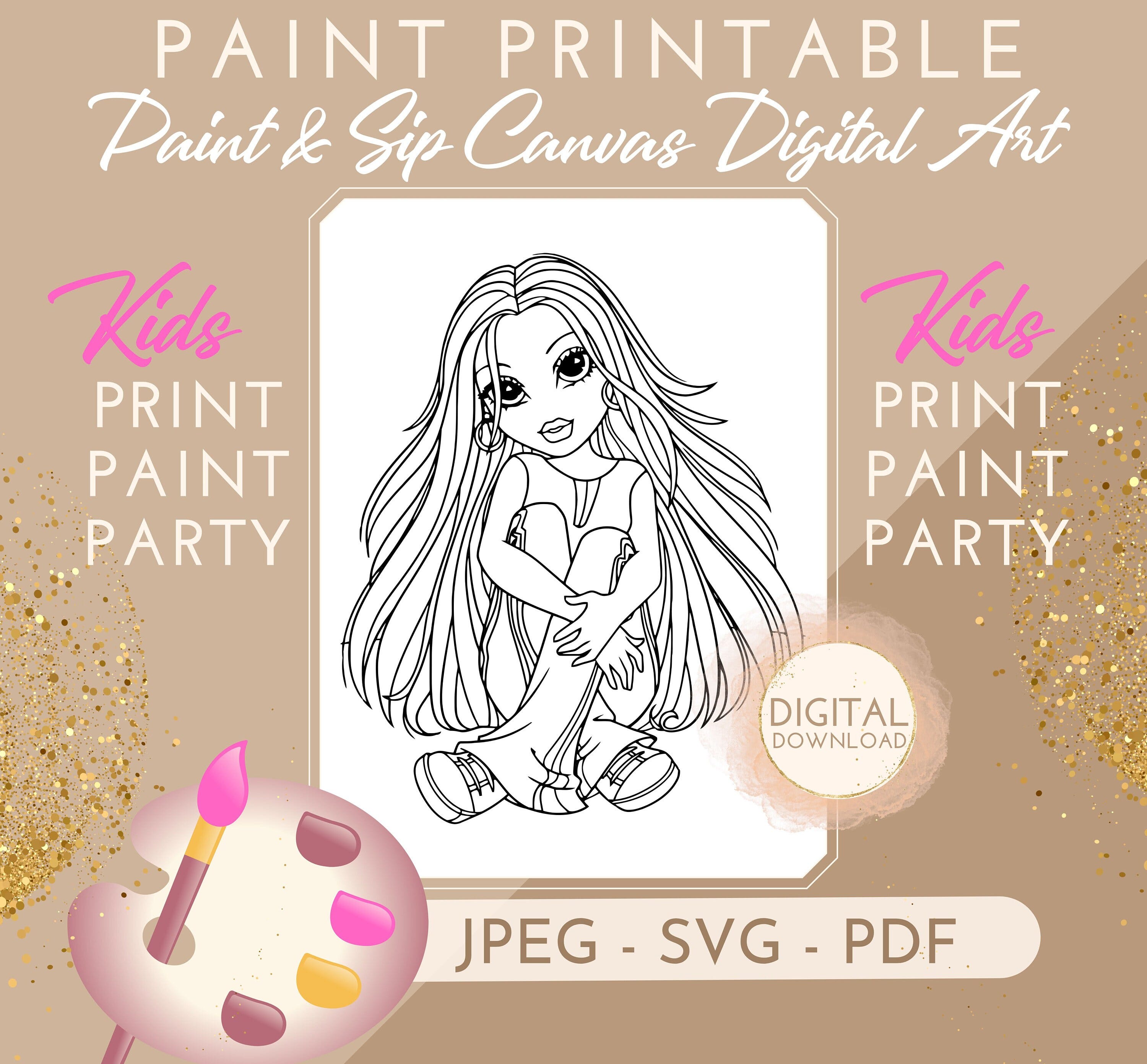 Kids Paint and Sip - Girl Sitting Pre Drawn Outline DIY Paint and Sip Party file for png jpeg canvas design sketch digital download