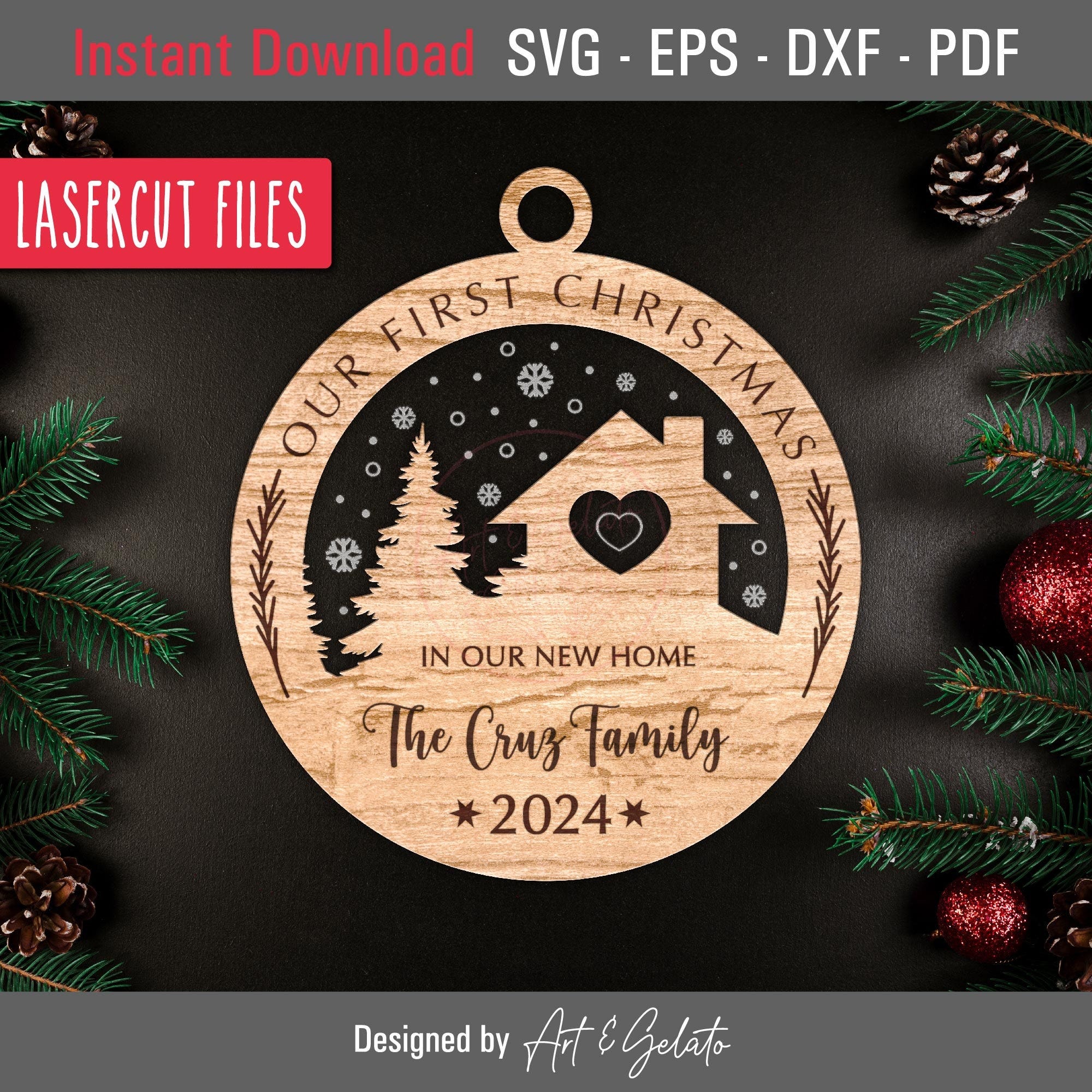 Our First Christmas In Our New Home 2024 Ornament SVG, Christmas Ornament SVG, Glowforge Laser Cut File SVG, Wood and Acrylic Laser Cut File