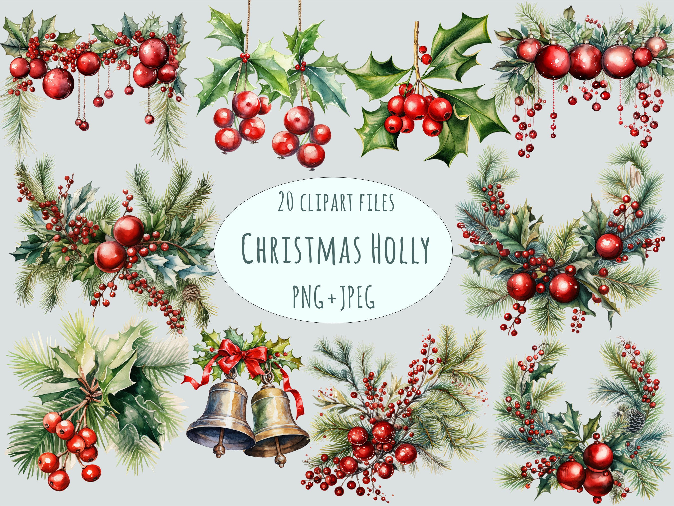 Watercolor Holly clipart, 20 High quality PNG and JPEG, Christmas holly bouquet, Holly berry printable, Jingle bells clipart floral wall art