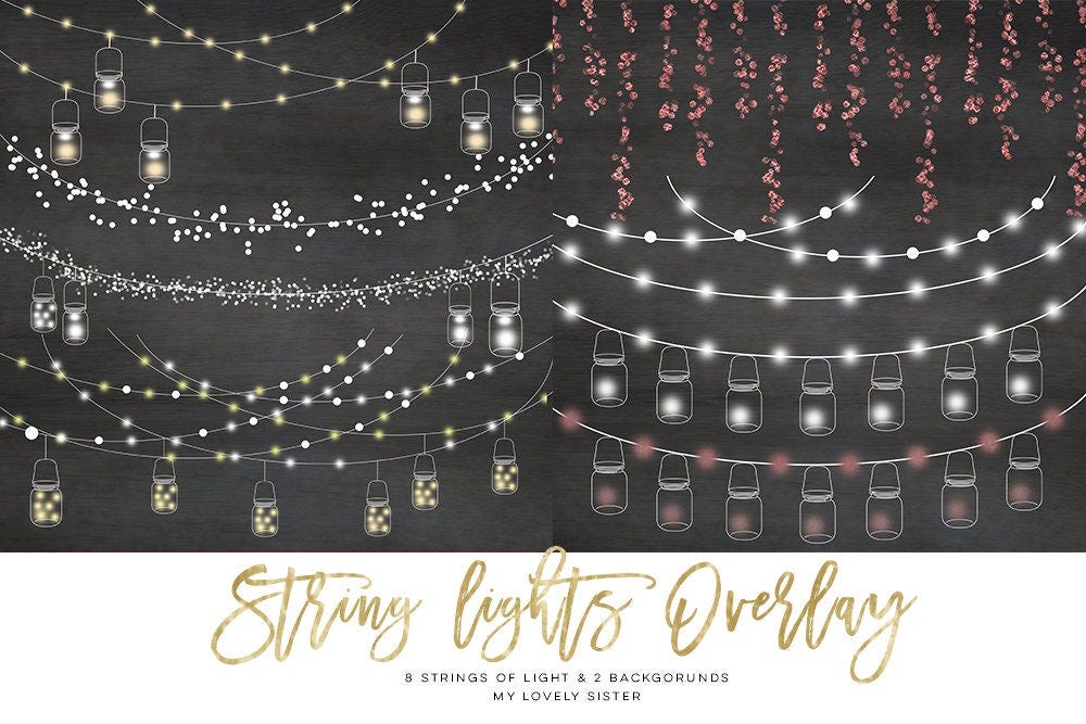String Lights Clipart, Mason jar Chalkboard Party Lights, Wedding Lights, Birthday Mason Jar clip art, String light overlay, Christmas light