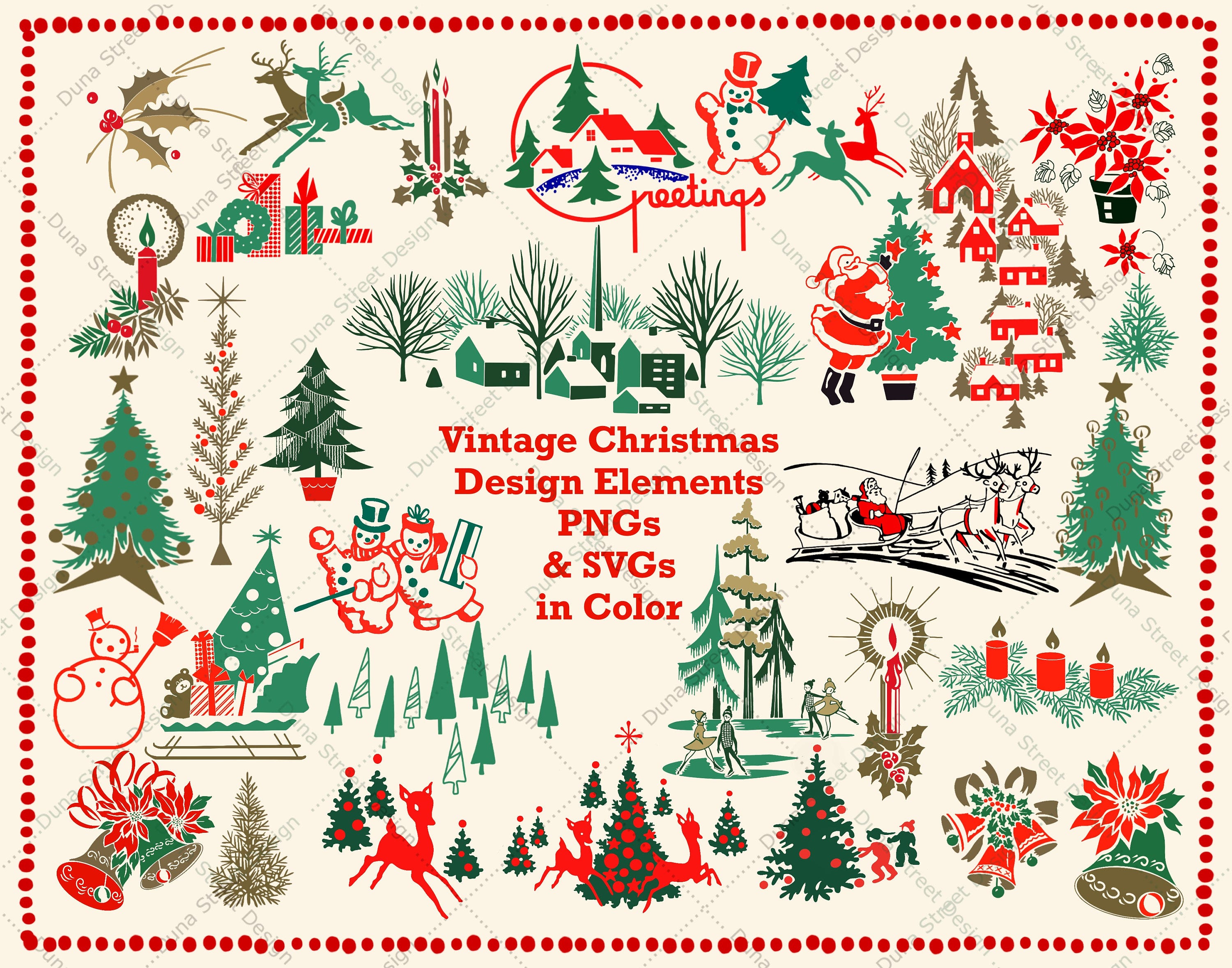 PNG & SVG Vintage Christmas Clipart Design Elements 1940s 1950s | Digital Download Files | Midcentury Retro Deer Winter Trees Santa Presents