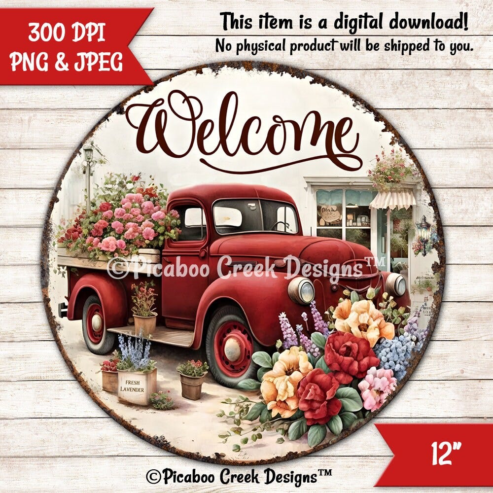 Welcome Sign Red Truck Vintage Sign - Sublimation png - Round Wreath Sign - Farmhouse Door Hanger - Printable - Download  Commercial Use