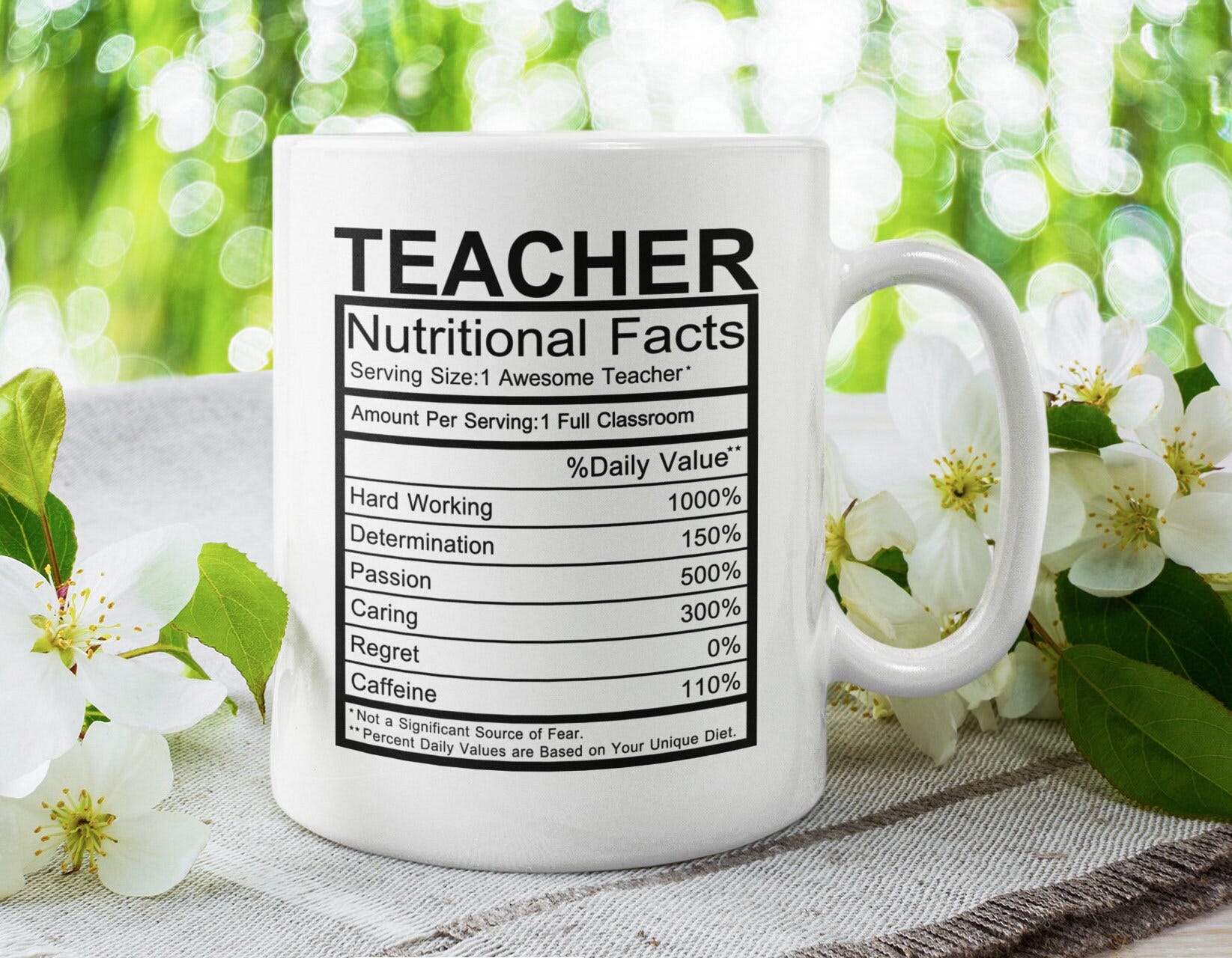 Teacher Nutritional Facts, Best Teacher Cute Coffee / Tea Mug (11 or 15oz) - Beautiful Quality Gift Idea (Color Inside/Handle available)