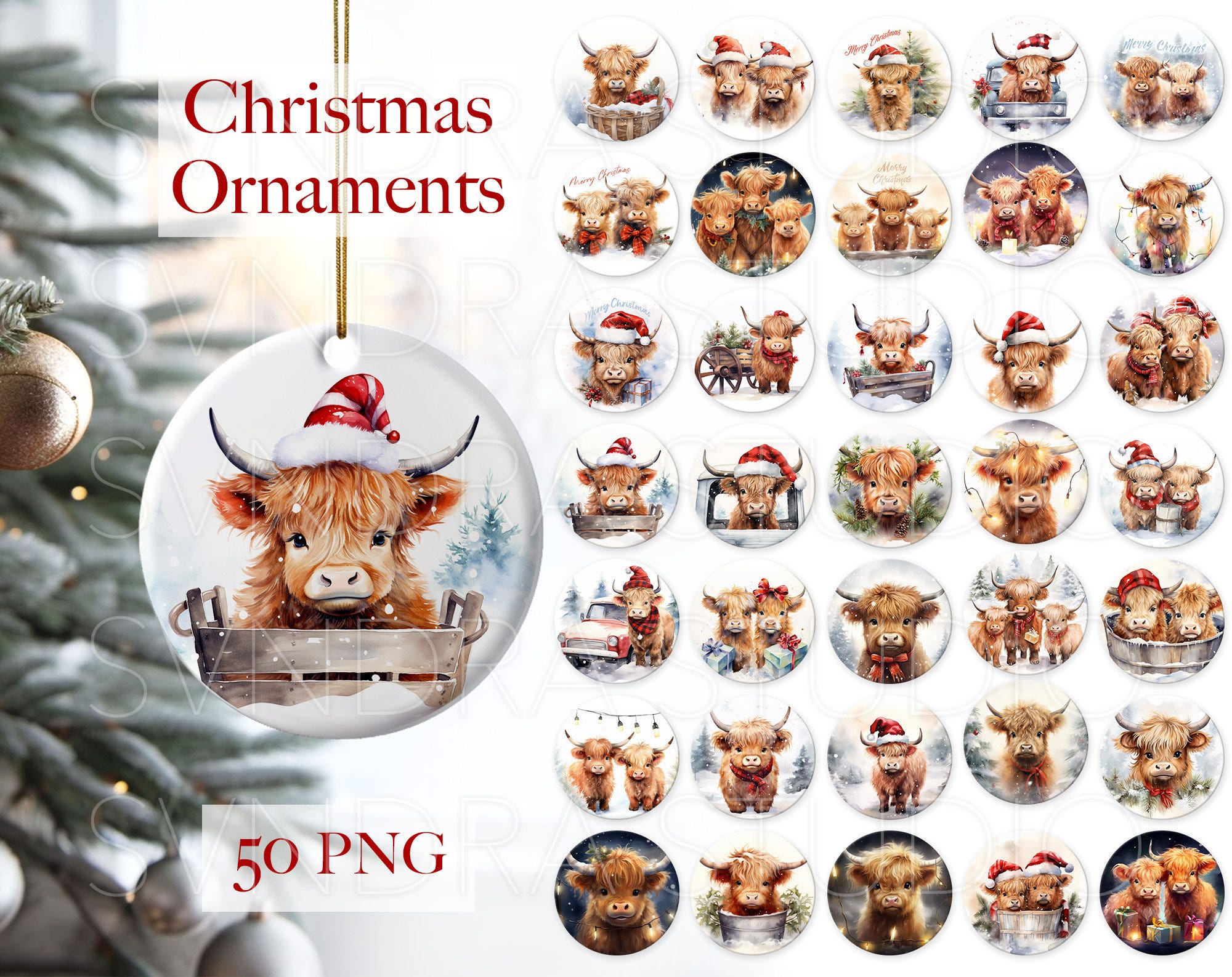 Highland Cow Christmas Ornaments Sublimation, Christmas Ornament Bundle, Baby Highland Cow Christmas Round Ornament png, Ornaments Designs