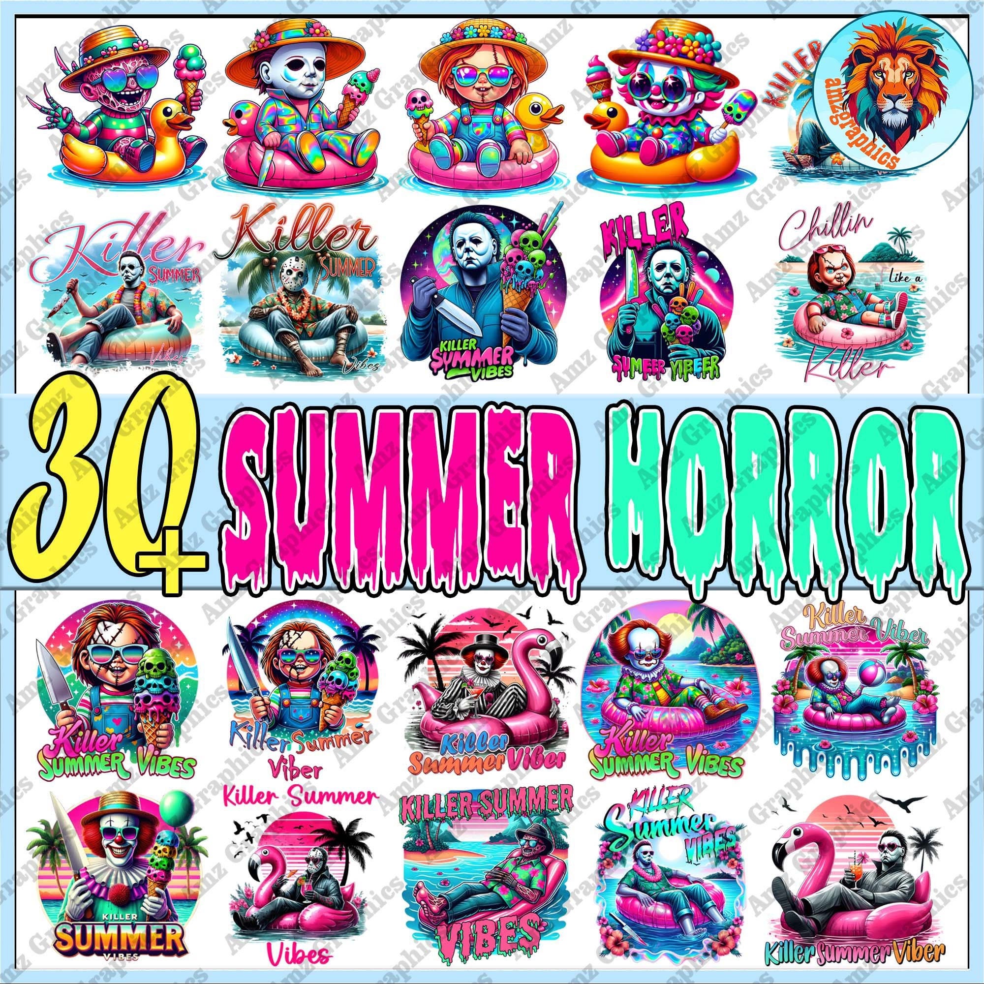 30 BUNDLE Killer Summer Vibes Png, Cute Clown Png, Summer Time Png, Horror Movie Png, Horror