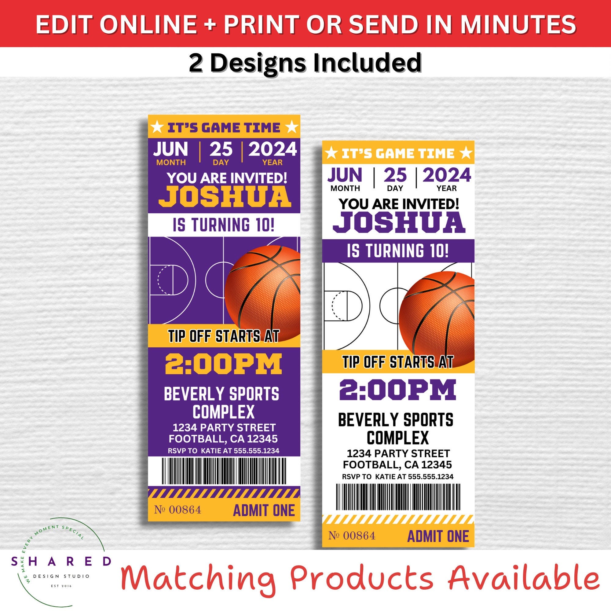 Lakers Purple & Gold Los Angeles Basketball Team Birthday Party Printable Ticket Invitation - EDIT YOURSELF with Canva