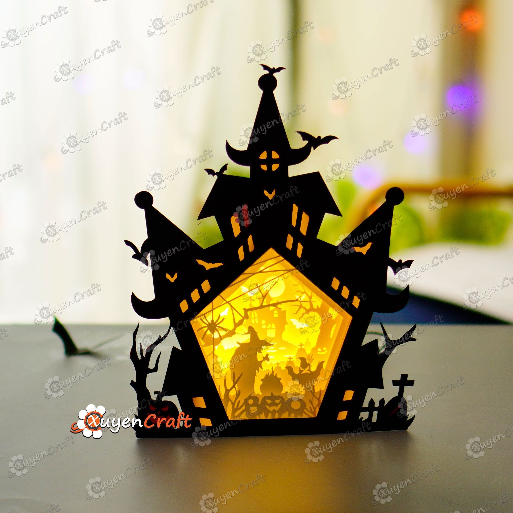 Ghost & Witch Haunted House Shadow Box Halloween PDF, SVG Light Box for Cricut, Sillhouette 4, ScanNcut - DIY Paper Lanterns Lamp Decor