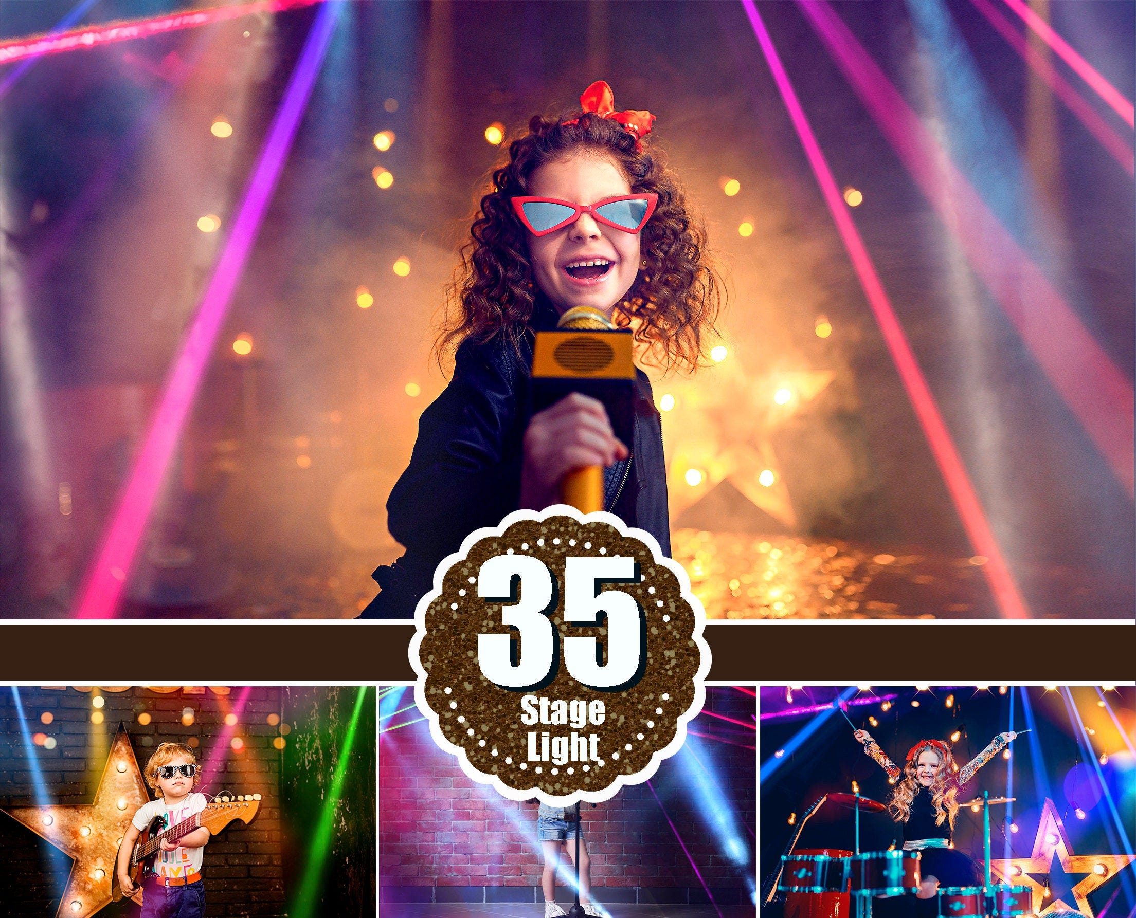 35 Stage lights overlays, Spot laser neon disco fashion concert party light ray festive rays overlay, Shine effect, fog smoke, Photoshop jpg