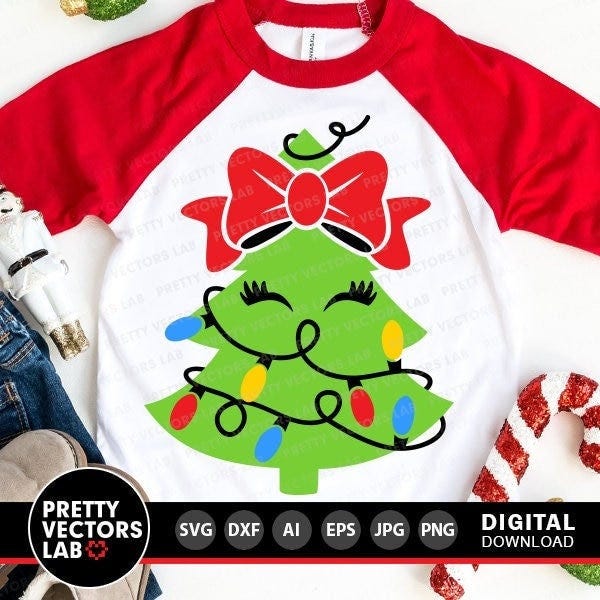 Christmas Tree with Lights Svg, Christmas Cut File, Girl Svg Dxf Eps Png, Kids Shirt Design, Holiday Clipart, Sublimation, Silhouette Cricut