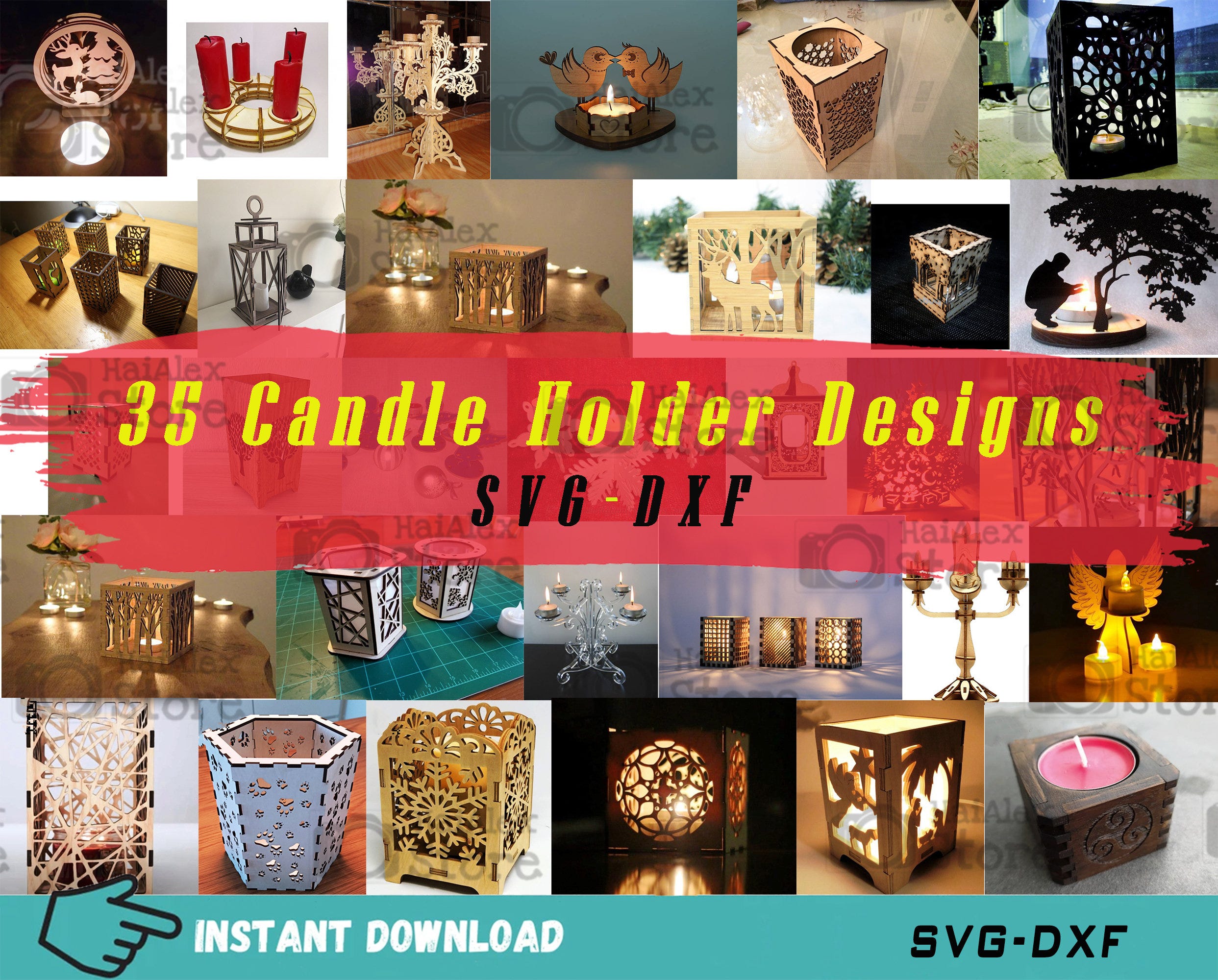 35 Wooden Candle Holder Svg File for Laser Cut, Wood Lantern Template, Candle Hanger Pattern, Christmas Decor Vector, Candle Holder Dxf Svg