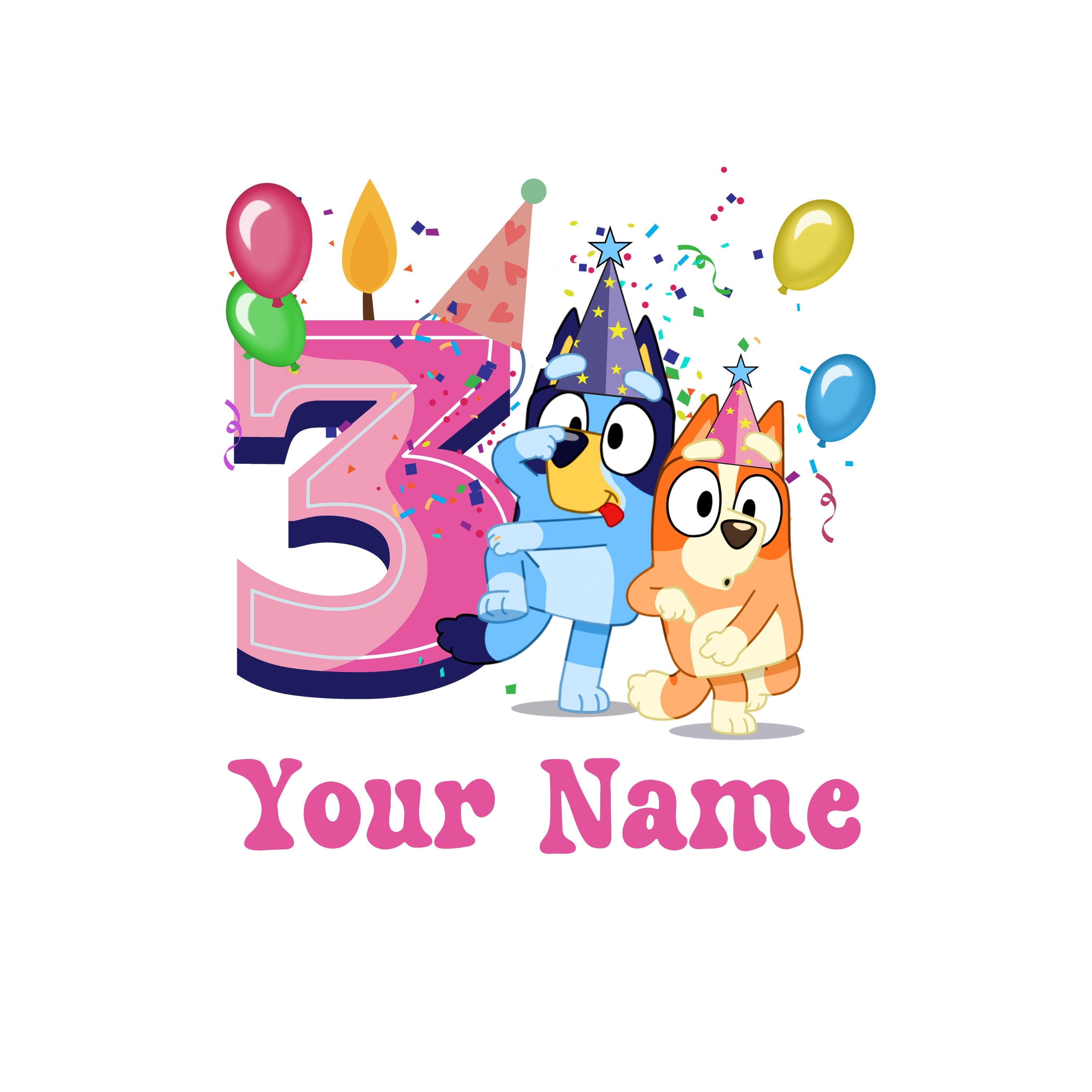 Blue Dog Birthday PNG Digital Download File Girl Age 3 Custom Name Colour Customise Sublimation Party Celebration Re-Size 300dpi Quality