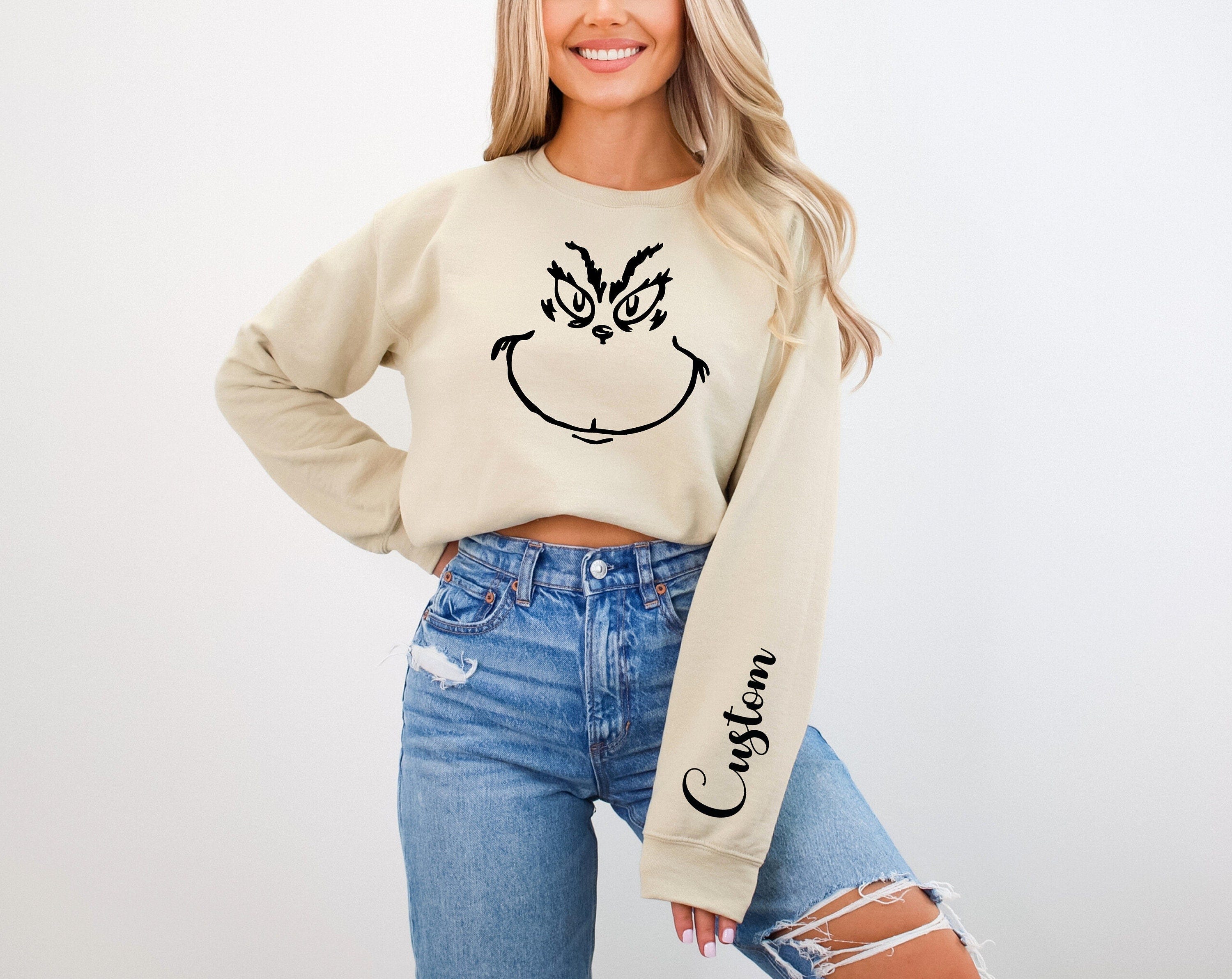 Custom Grinch Santa Sweatshirt, Personalized Grinch Face Hoodie with Name, Grinch Family T-Shirt For Women, Family Xmas Gift, VST830