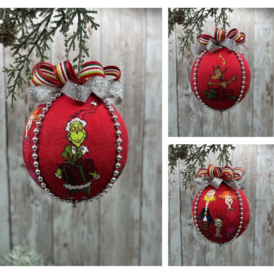 Kimekomi Handmade Ornament made with The Grinch Dog Max Cindy Lou Whoville Red Fabric by Robert Kaufman Gift Keepsake for Christmas Birthday