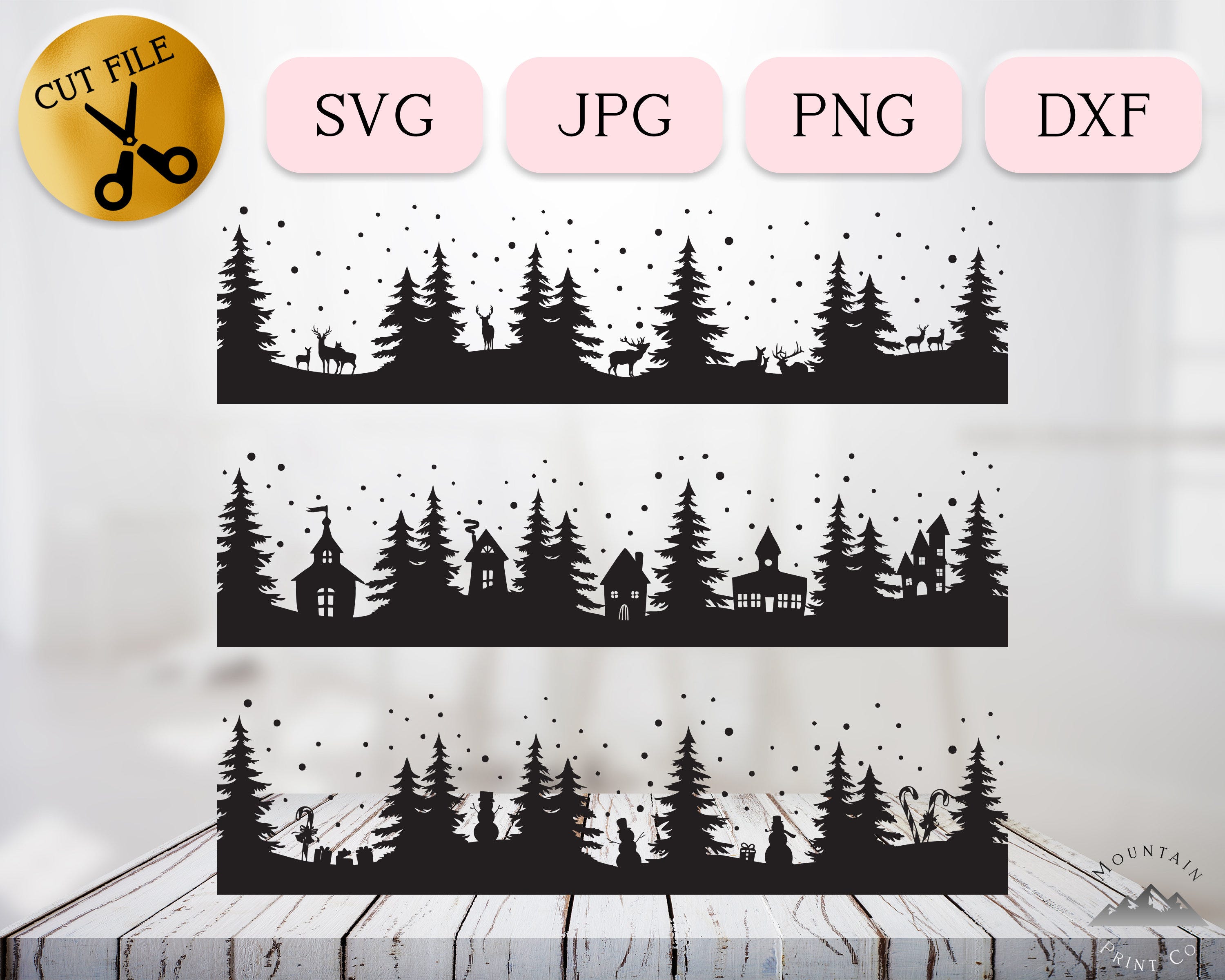 Christmas Border SVG Bundle, Christmas 2023 Sign Clipart, Snowing Scene, Winter Scene Svg, Deer Pine Snowman Winter Wonderland Png Dxf Jpg