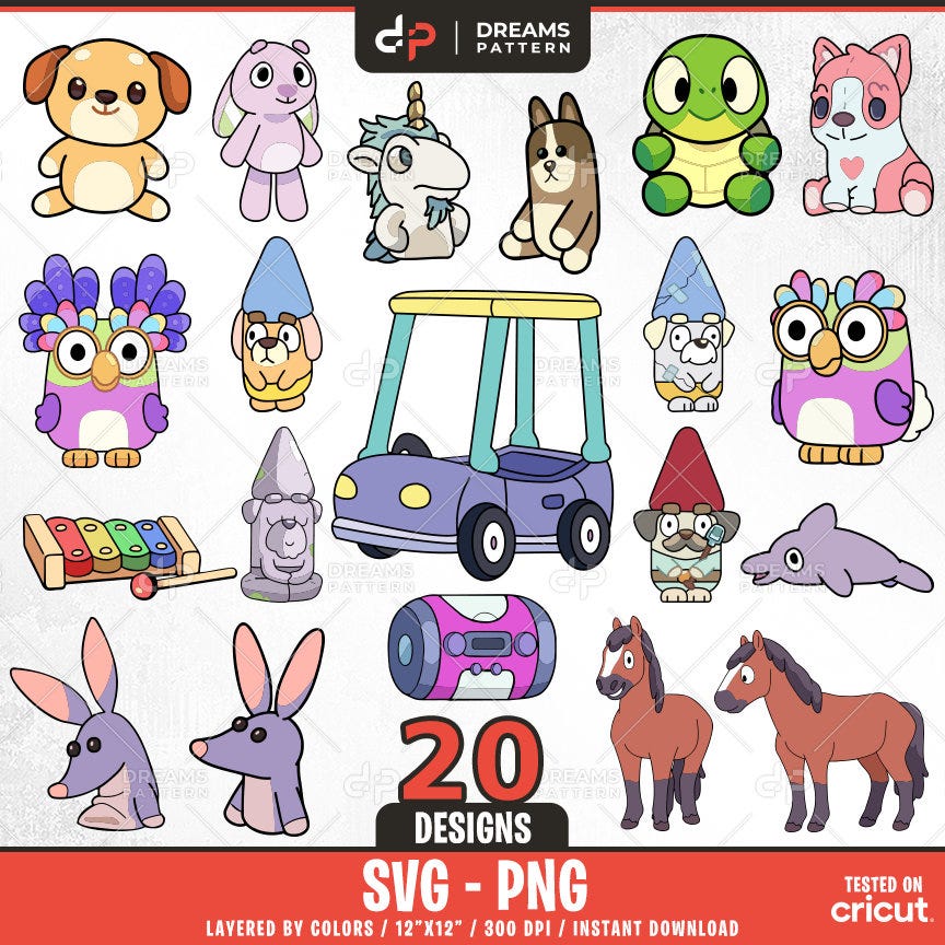 Blue Dog and Bingoo Toys Svg, 20 Designs Easy to use, Cartoon Characters, Layered Svg by colors, Transparent Png, Cut files for Cricut.