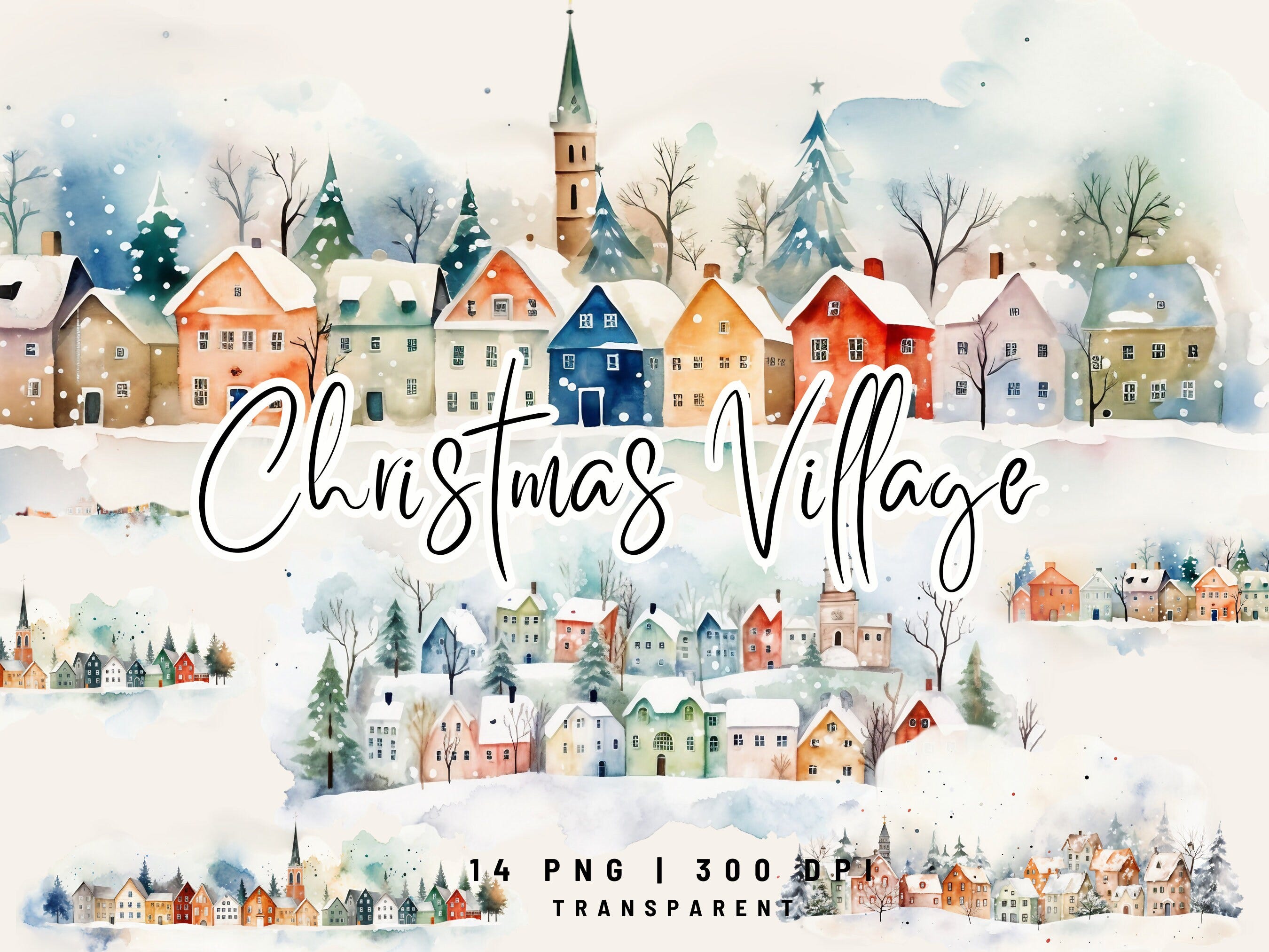 14 PNG Winter Watercolor Scene Clipart, Winter Village clipart, Christmas clipart, Watercolor clipart, Holiday clipart, Winter sublimation