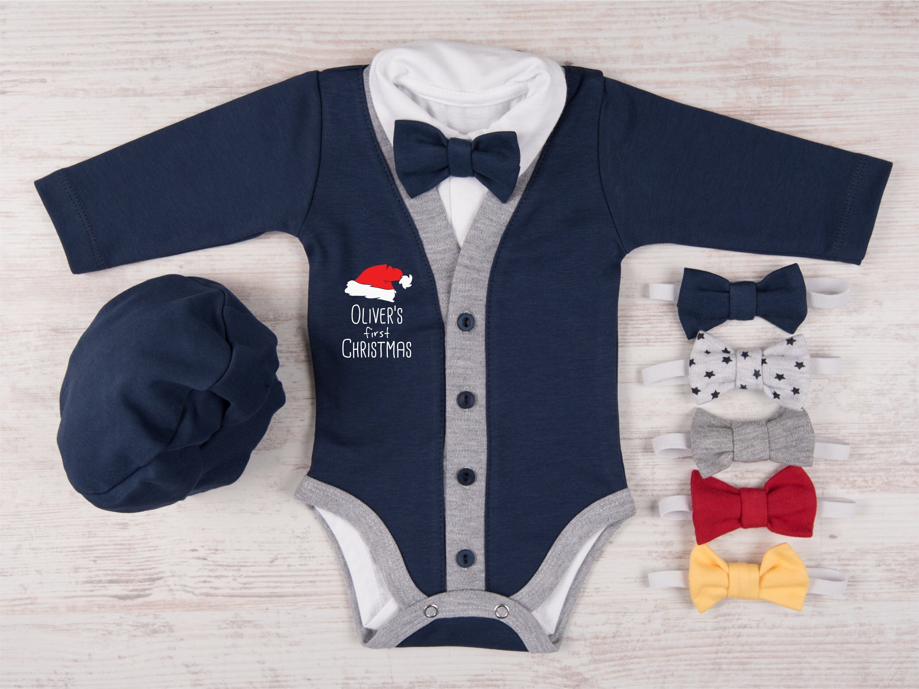 First Christmas Boy Outfit, Personalized 1st Christmas Navy Cardigan, Bodysuit, Hat & Bow Tie Photo Outfit