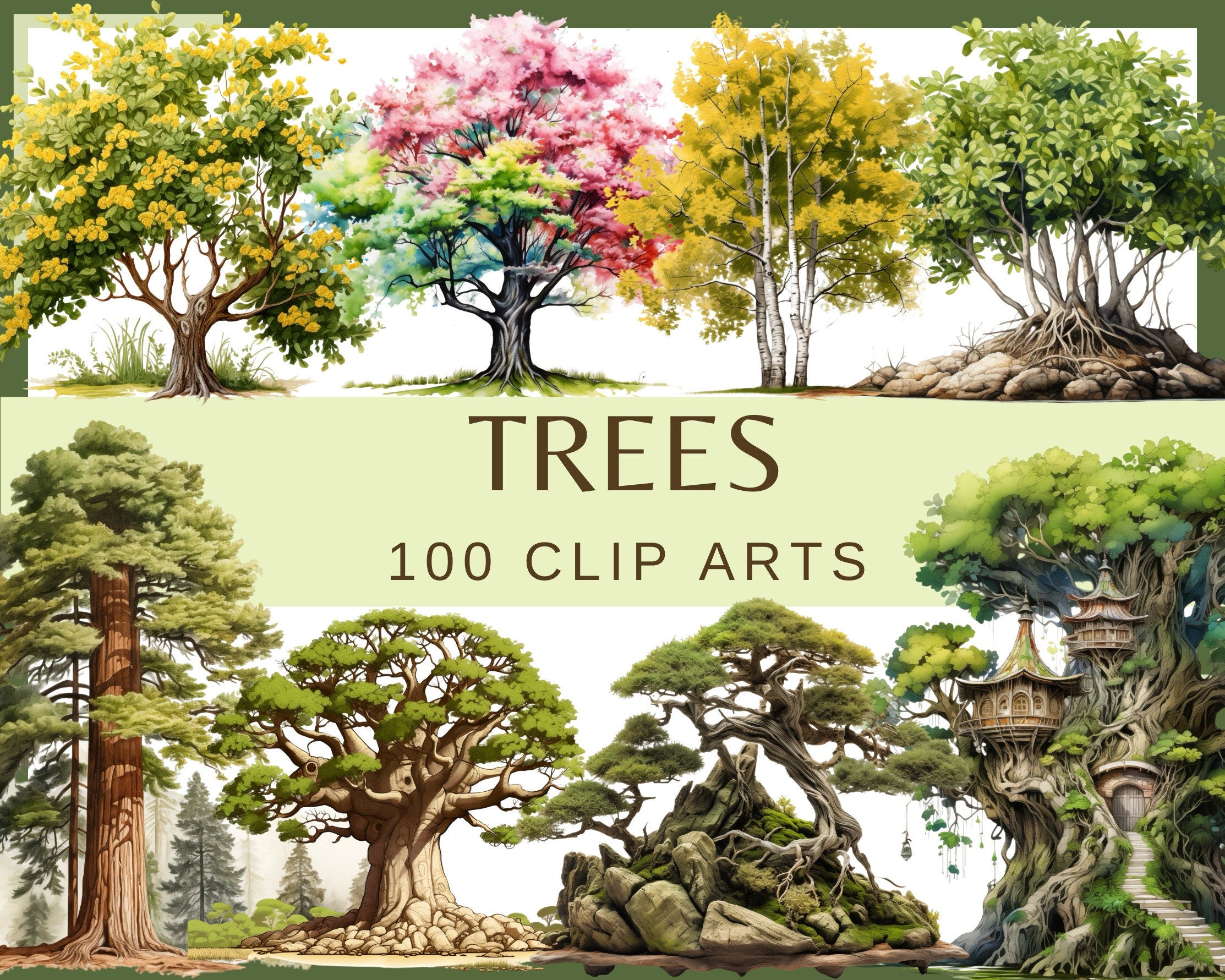 TREES - 100 clip arts (300 dpi, commercial use, digital, oak tree, gingko, baobab, mangrove, magnolia, autumn winter spring summer tree)