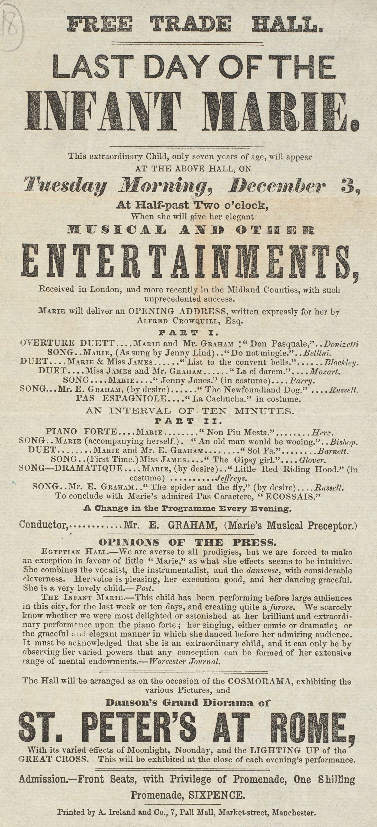 Handbill in a variety of fonts, uppercase, lowercase and bold, giving programme details, admission prices and press opinions.