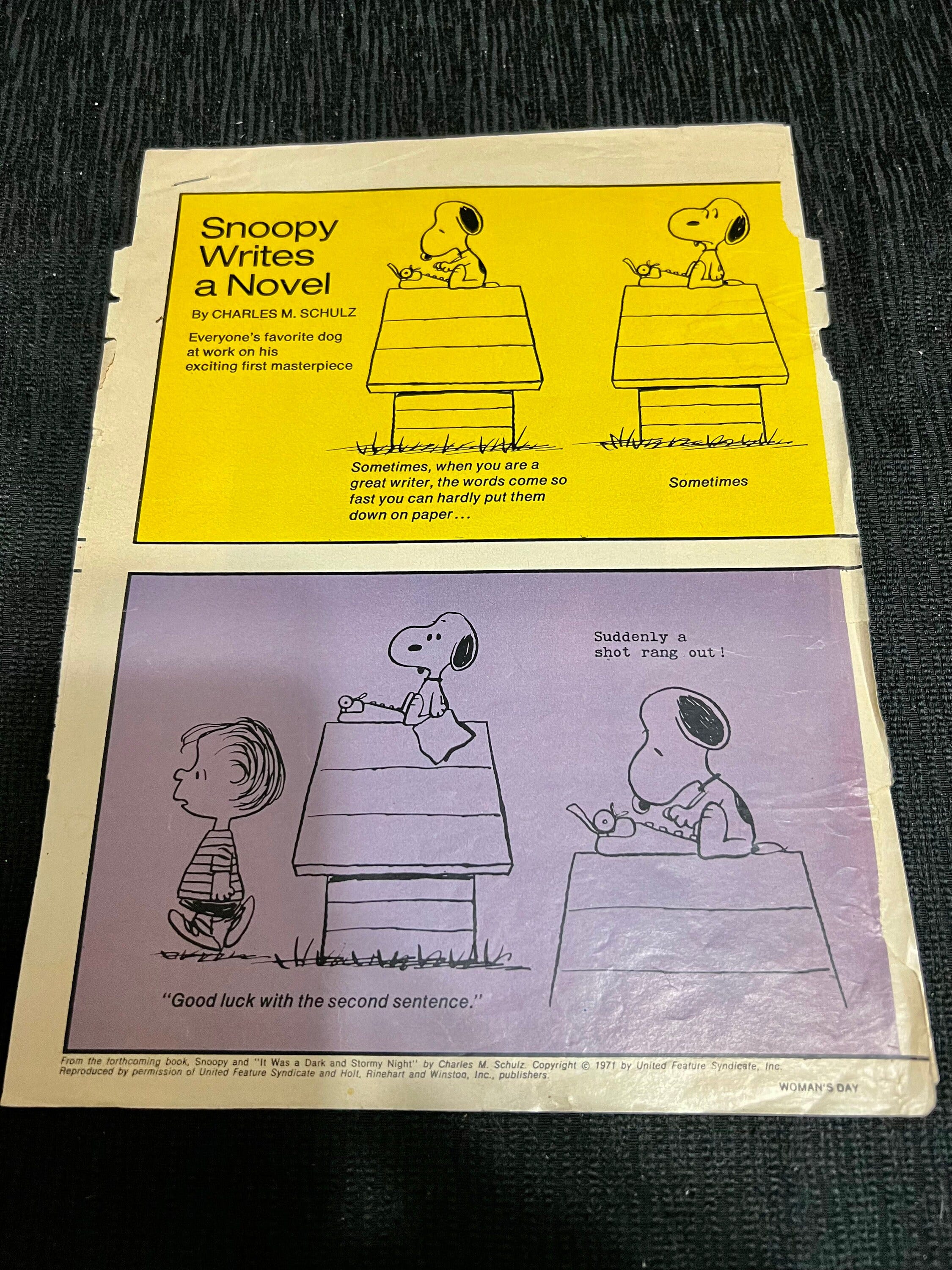 1971 Woman Day Magazine Pages Article Snoopy, Peanuts, Charlie Brown. “Snoopy writes a book”