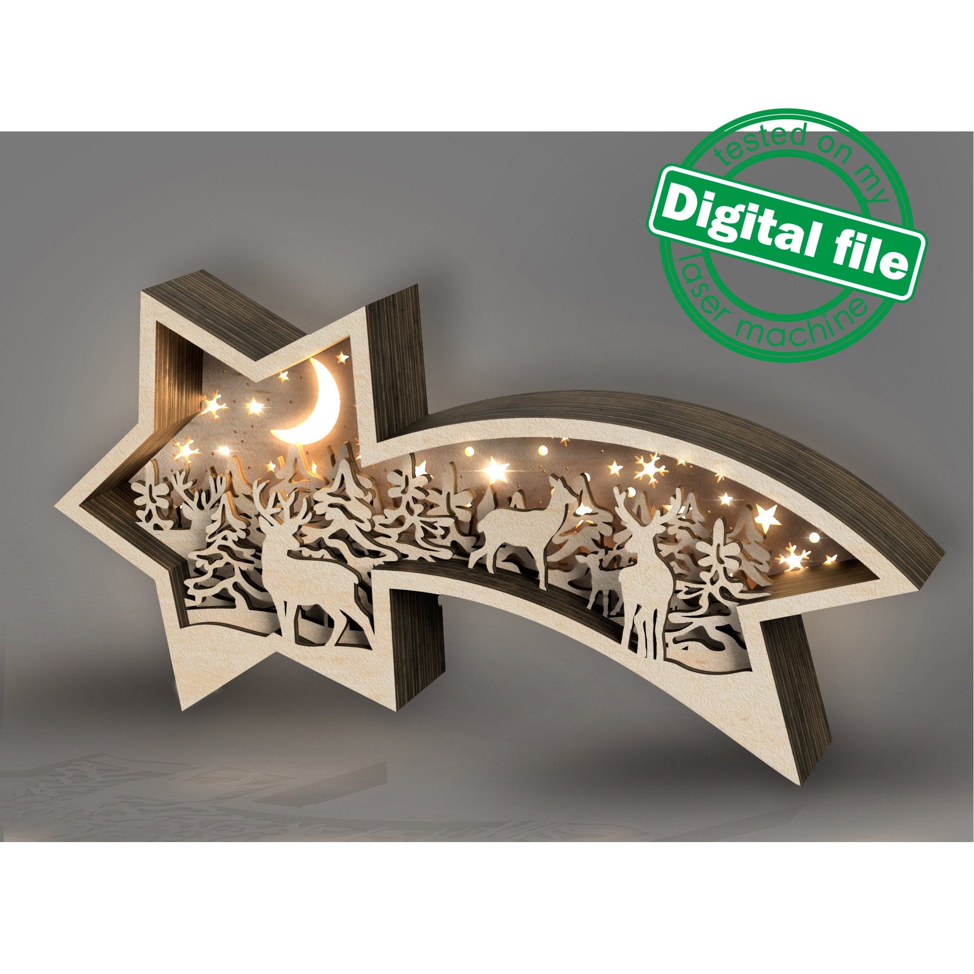 DXF, SVG files for laser Family deer in the forest, Layered wooden light box, Shadow box, Star of Bethlehem, Christmas, Winter decoration