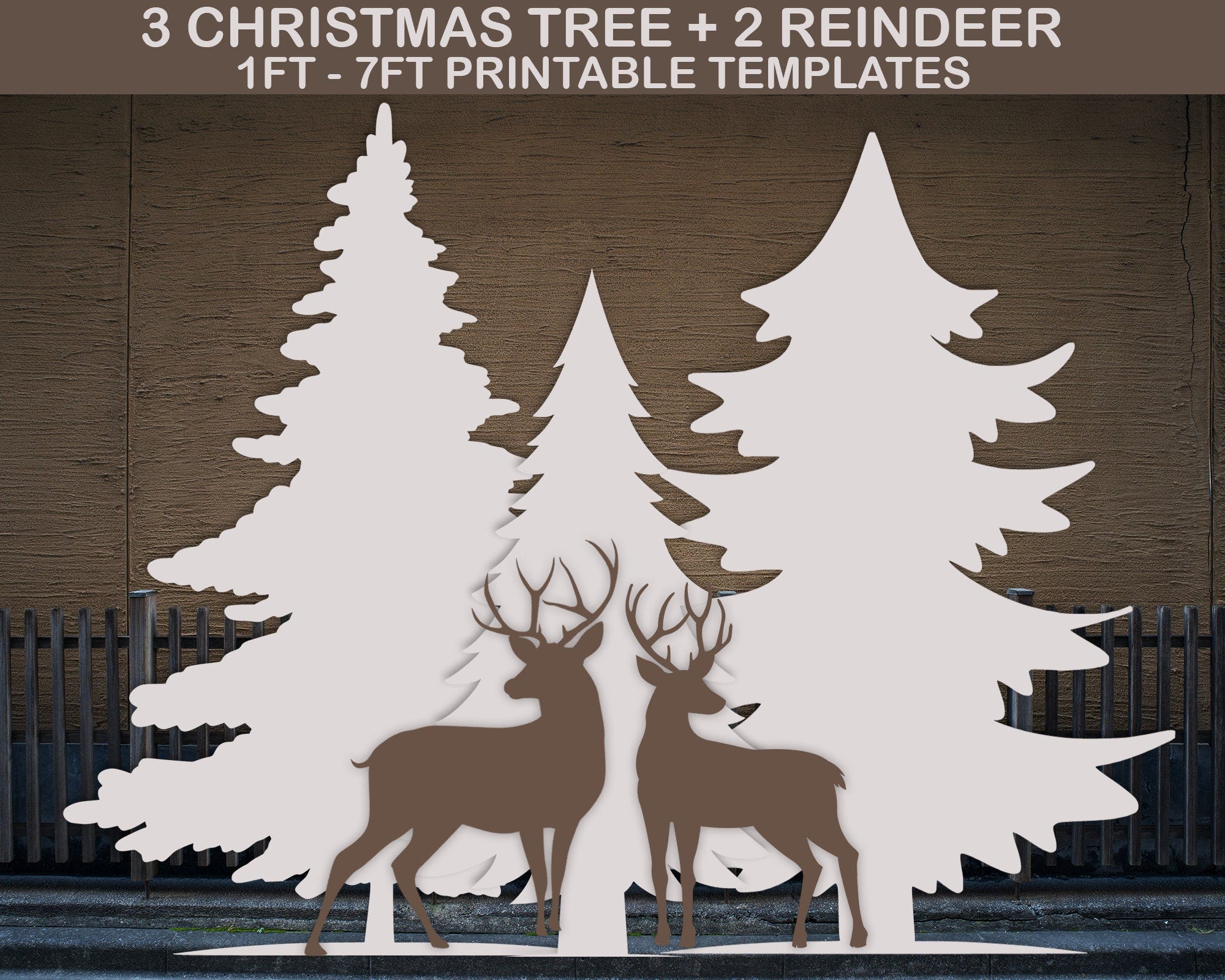 3 Different Christmas Tree + 2 Reindeer Template, Printable Stencil Pdf, Christmas Silhouette Decor Templates, Christmas Template